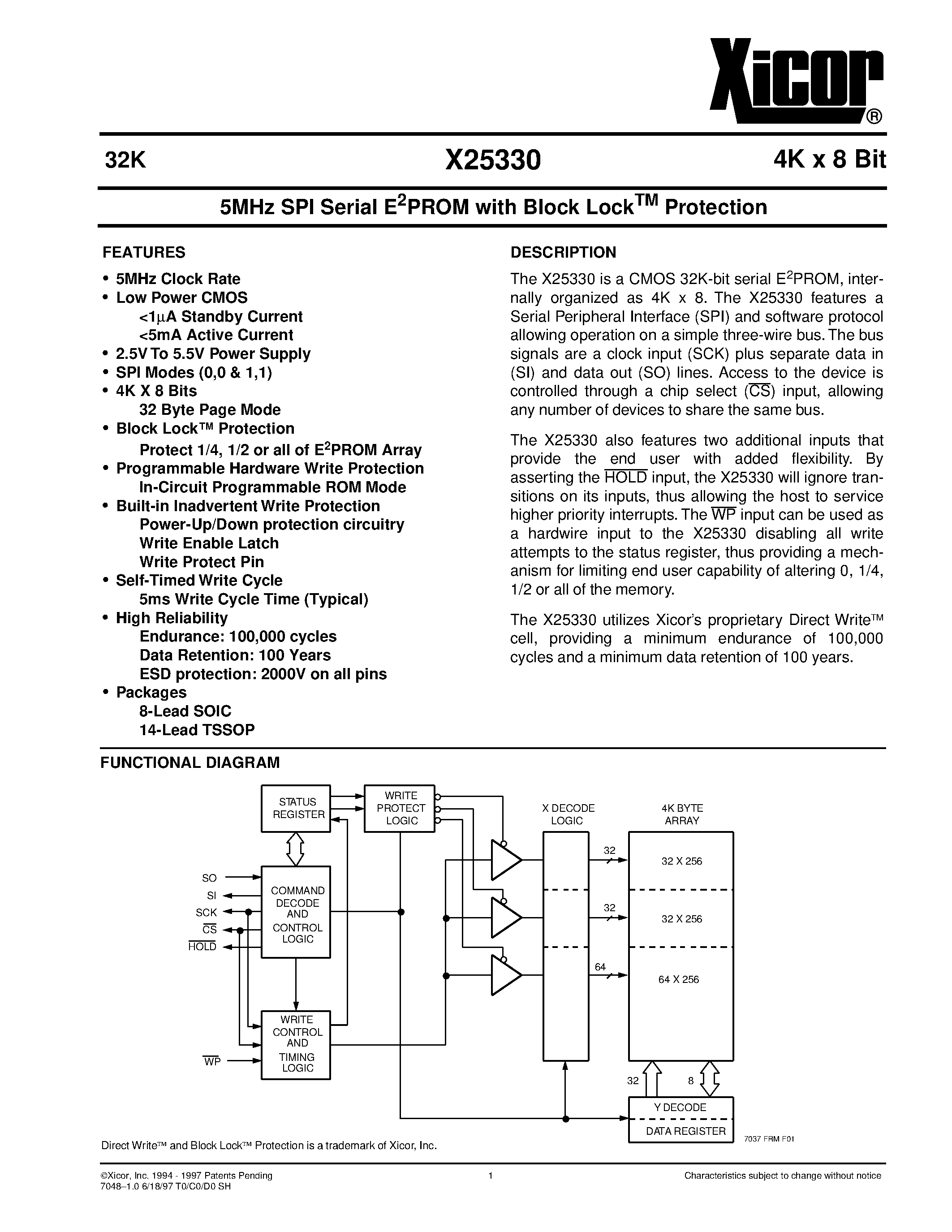 Даташит X25330 - 5MHz SPI Serial E 2 PROM with Block Lock TM Protection страница 1