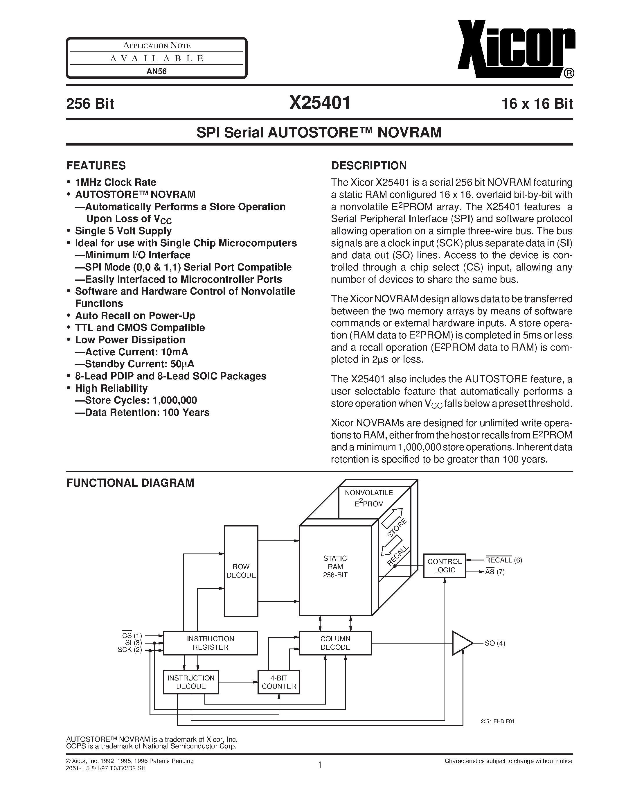 Даташит X25401 - SPI Serial AUTOSTORE NOVRAM страница 1