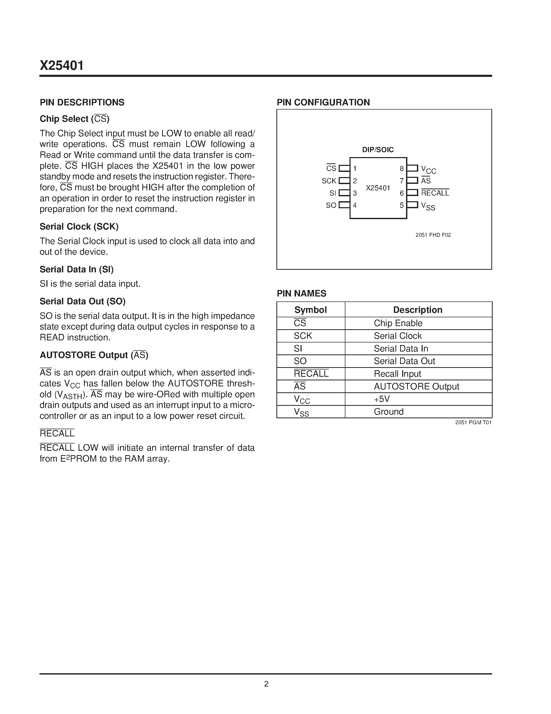 Даташит X25401 - SPI Serial AUTOSTORE NOVRAM страница 2