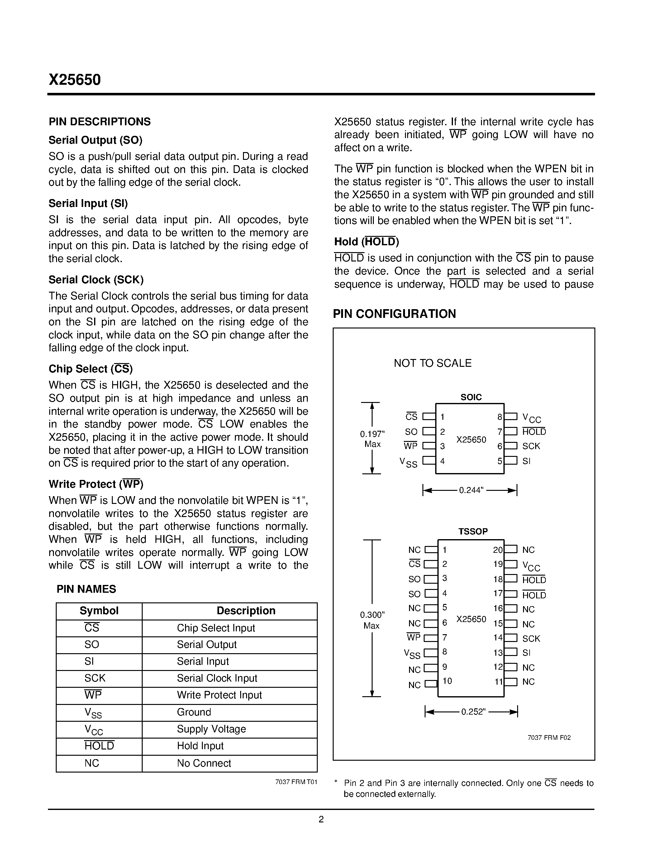 Datasheet X25650 - 5MHz SPI Serial E 2 PROM with Block Lock TM Protection page 2