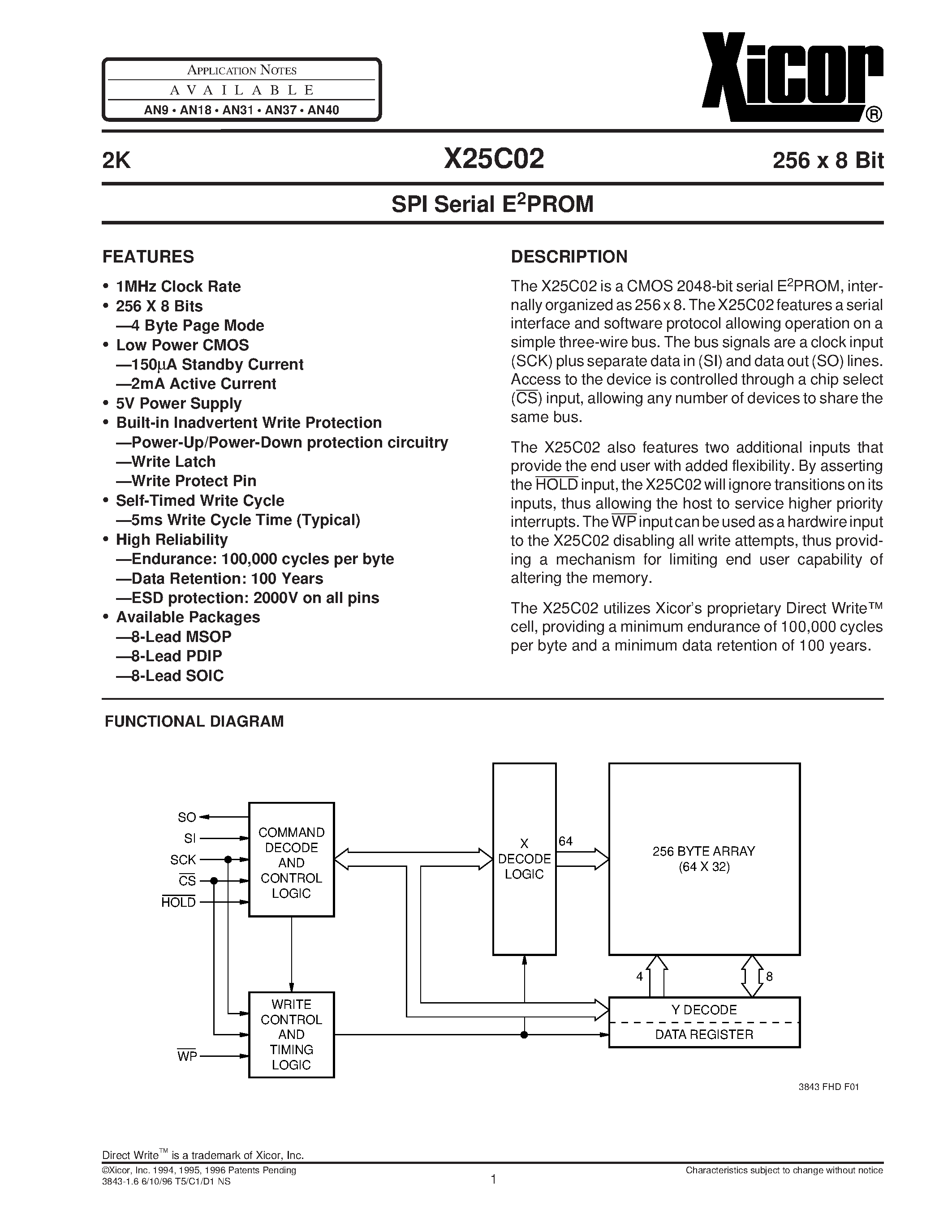 Даташит X25C02 - SPI Serial E2PROM страница 1