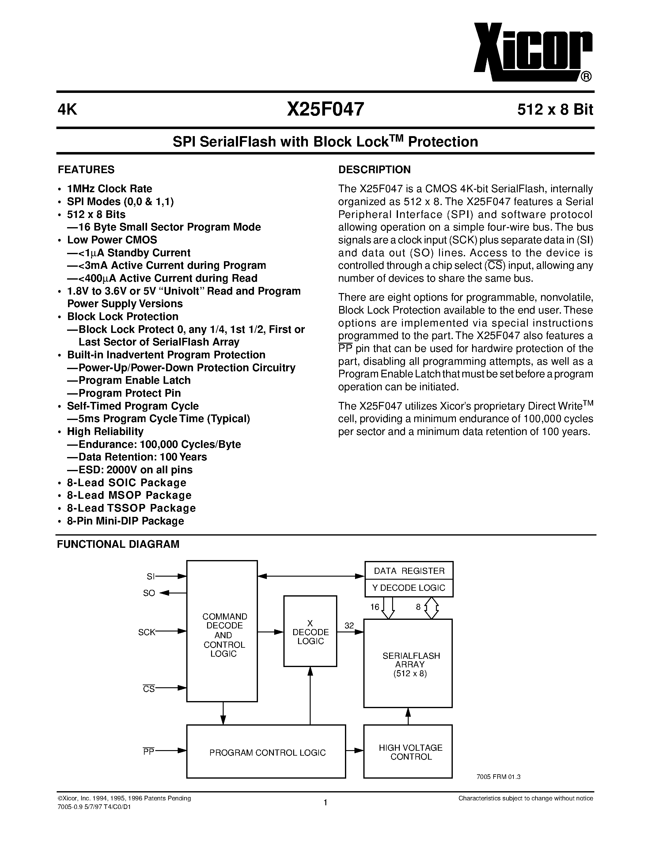 Даташит X25F047PI - SPI SerialFlash with Block Lock TM Protection страница 1