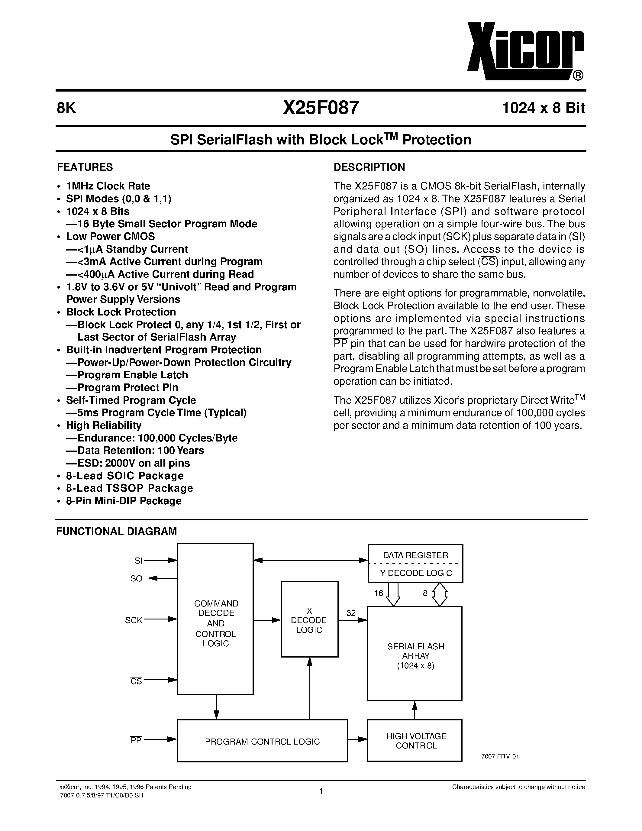 Даташит X25F087PI - SPI SerialFlash with Block Lock TM Protection страница 1