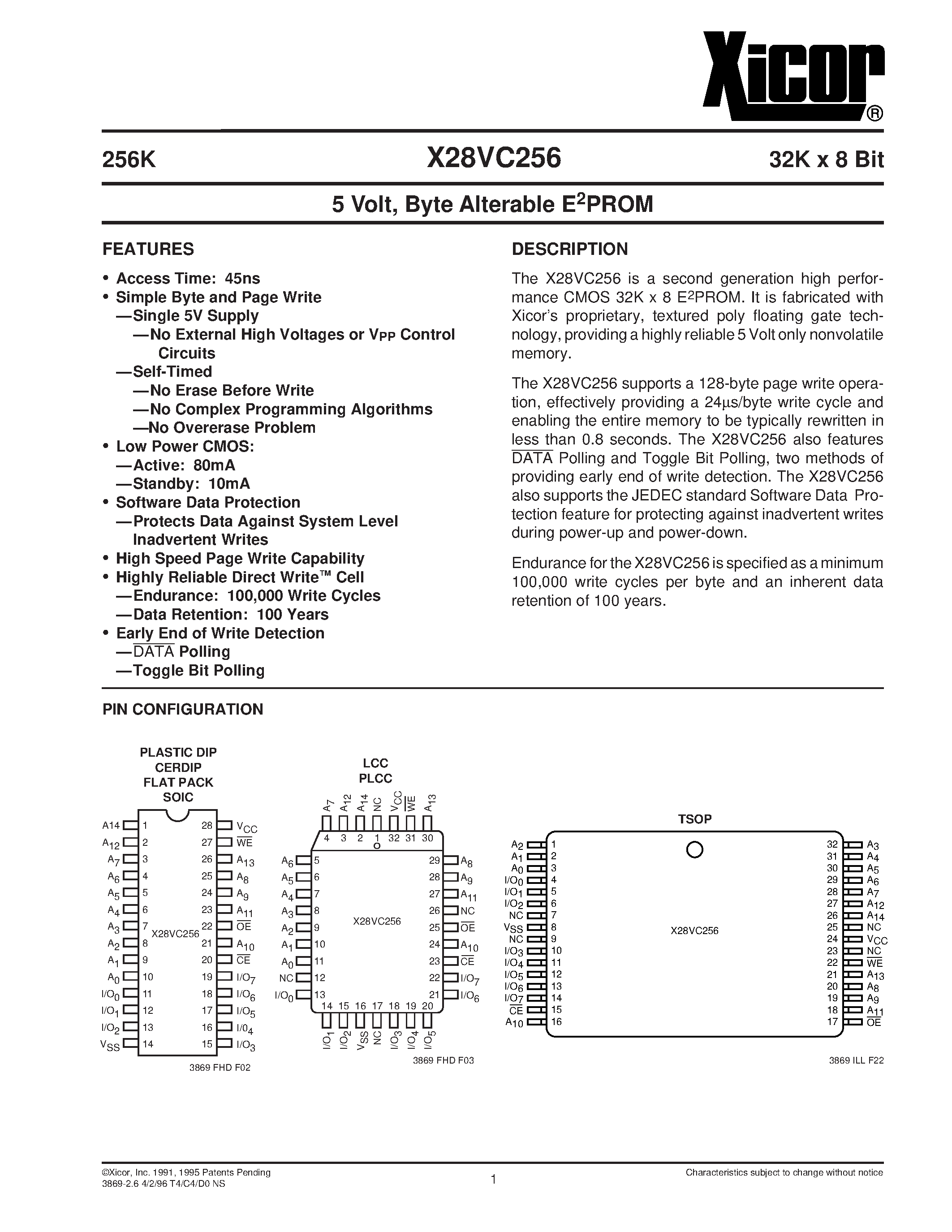 Datasheet X28VC256FM-90 - 5 Volt/ Byte Alterable E2PROM page 1