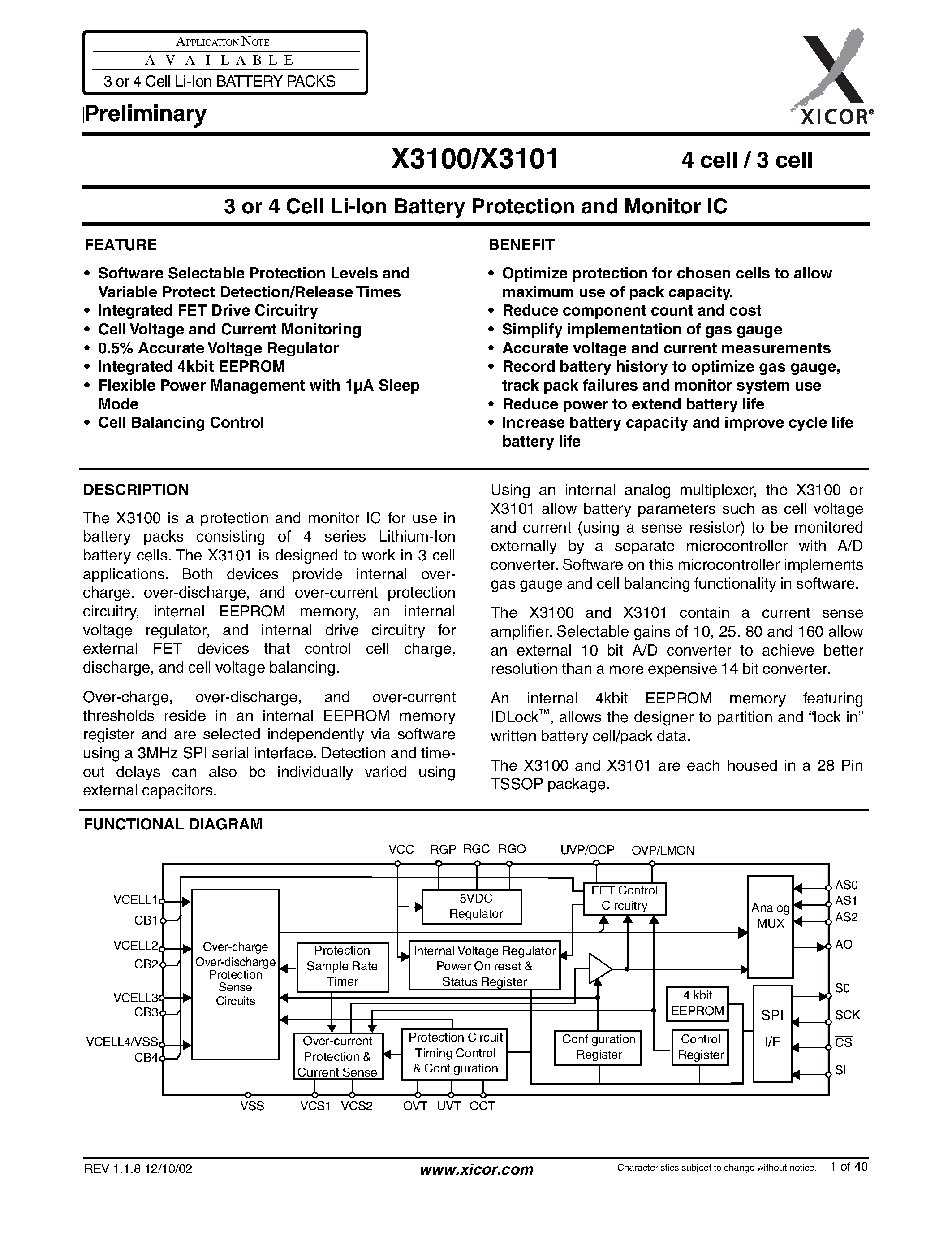 Datasheet X3100 - 3 or 4 Cell Li-Ion Battery Protection and Monitor IC page 1