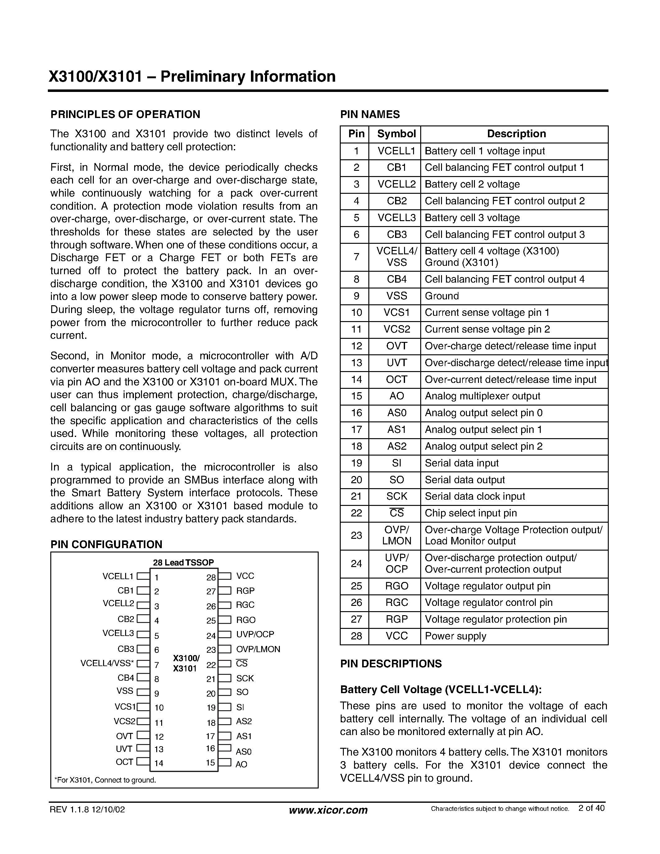 Datasheet X3100 - 3 or 4 Cell Li-Ion Battery Protection and Monitor IC page 2