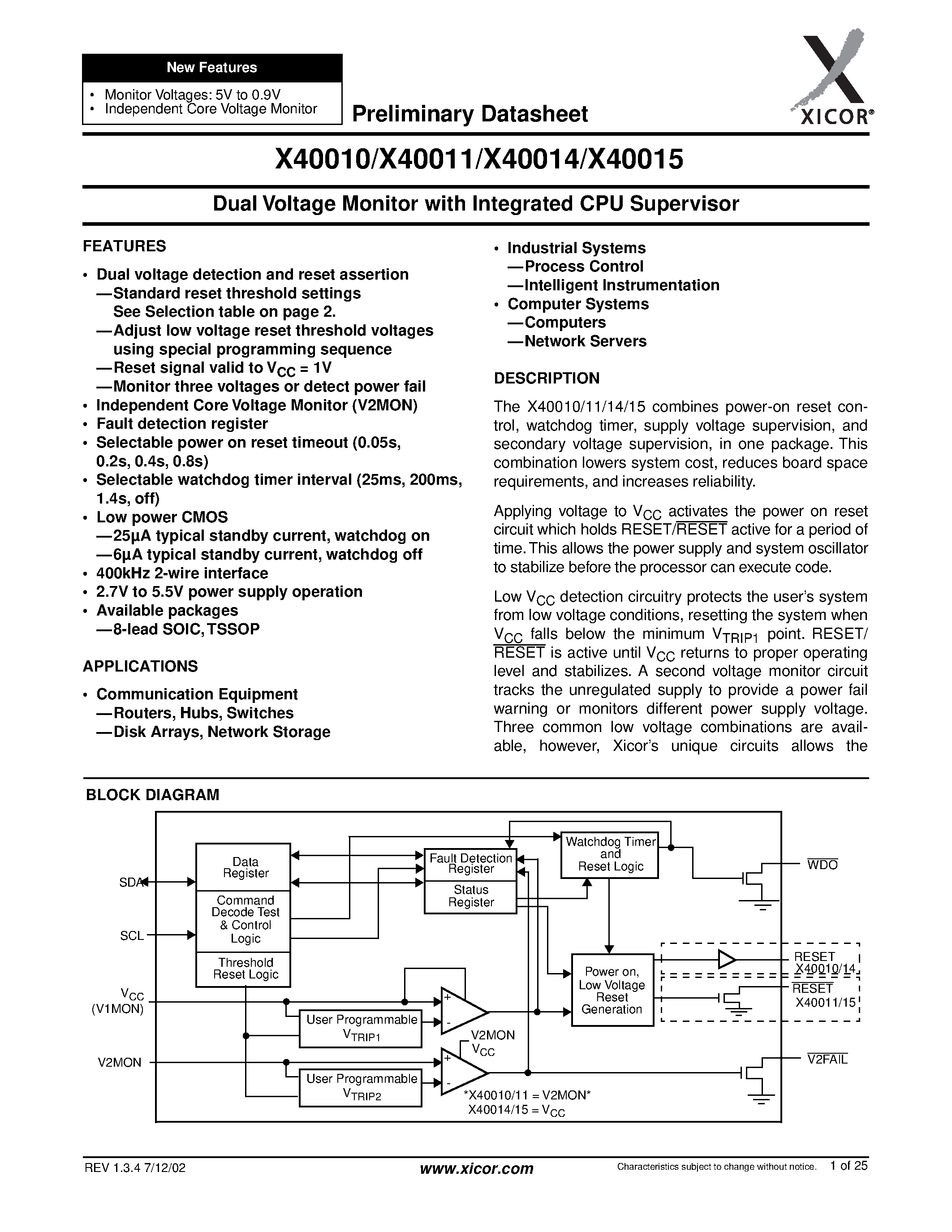 Datasheet X40010S8-B - Dual Voltage Monitor with Integrated CPU Supervisor page 1