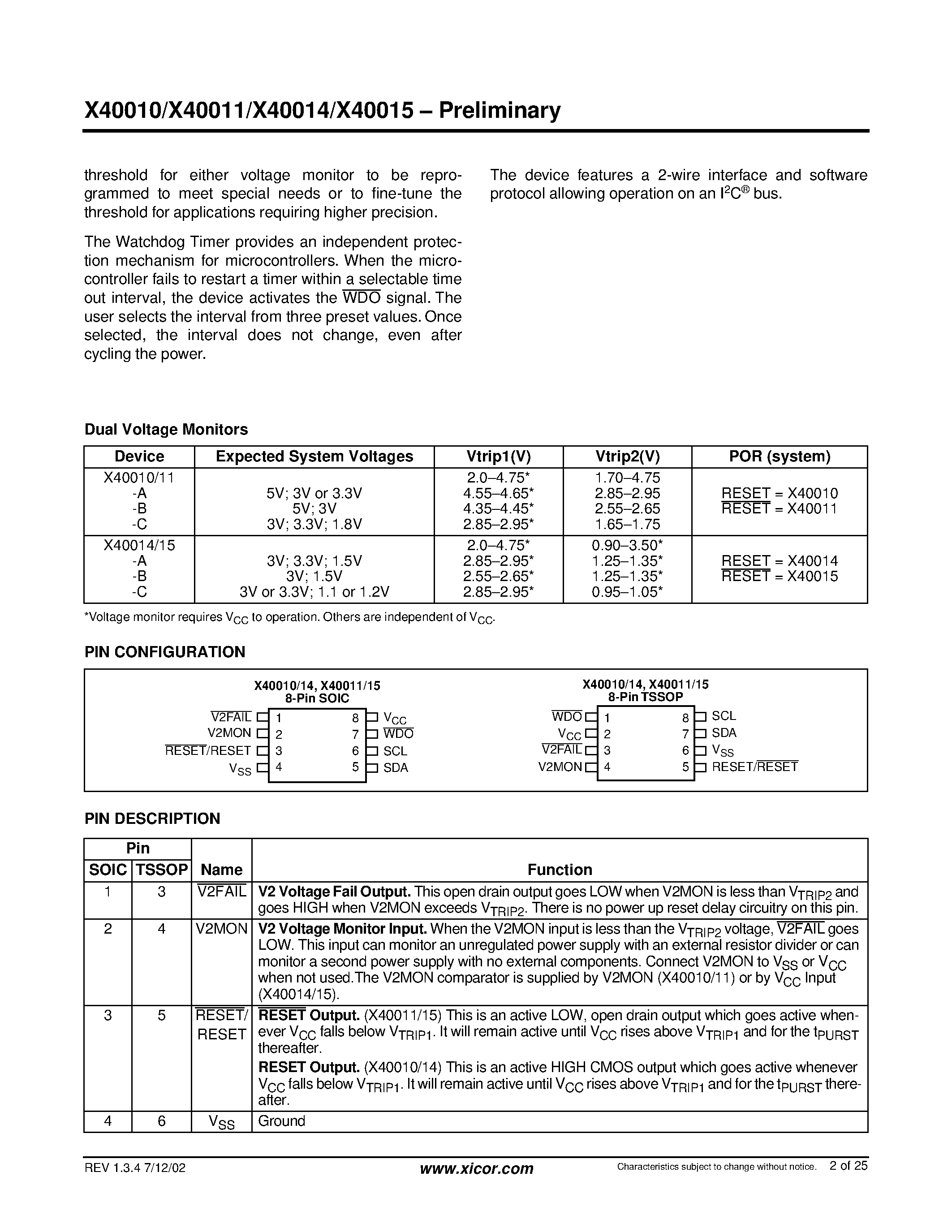 Datasheet X40010S8-B - Dual Voltage Monitor with Integrated CPU Supervisor page 2