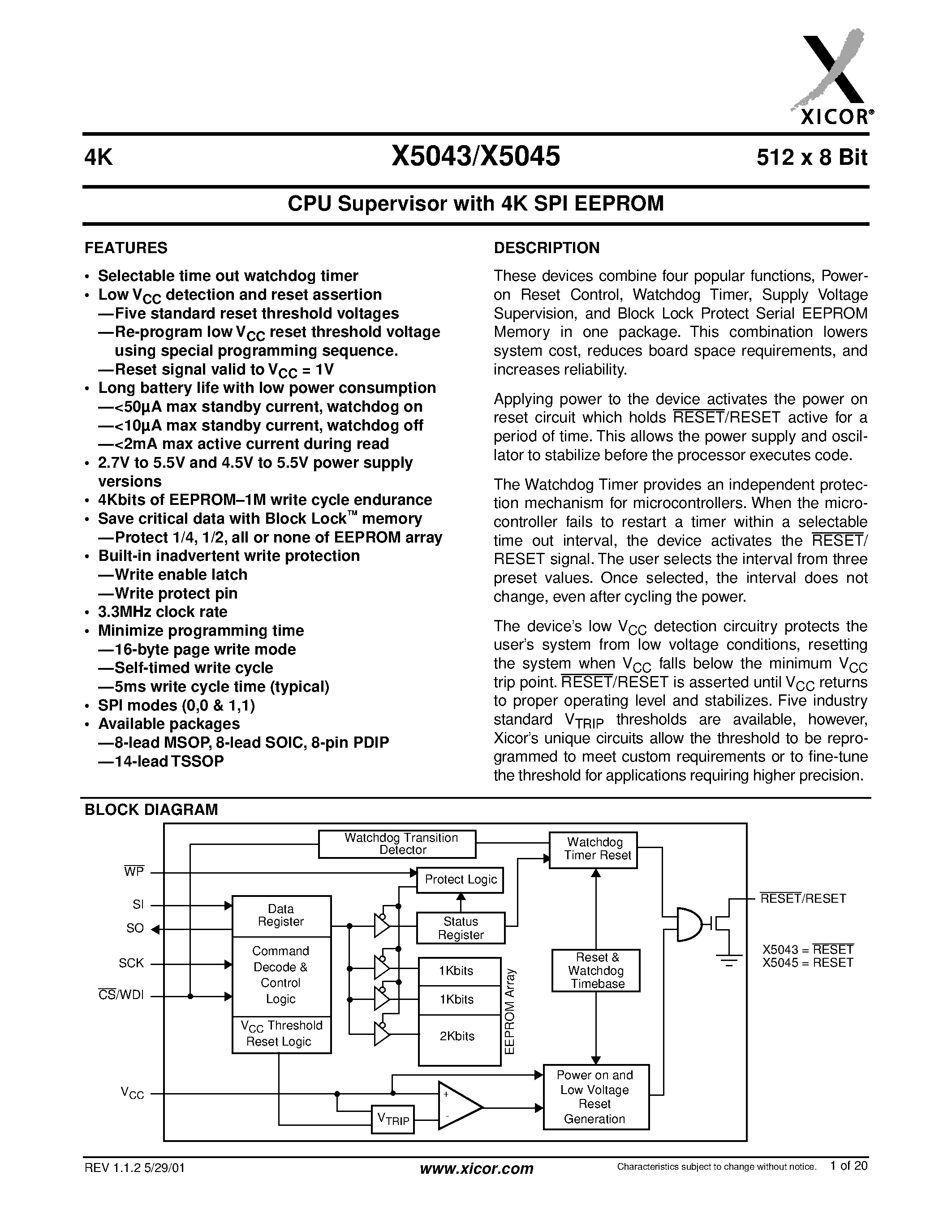 Даташит X5043M8I-2.7 - CPU Supervisor with 4K SPI EEPROM страница 1