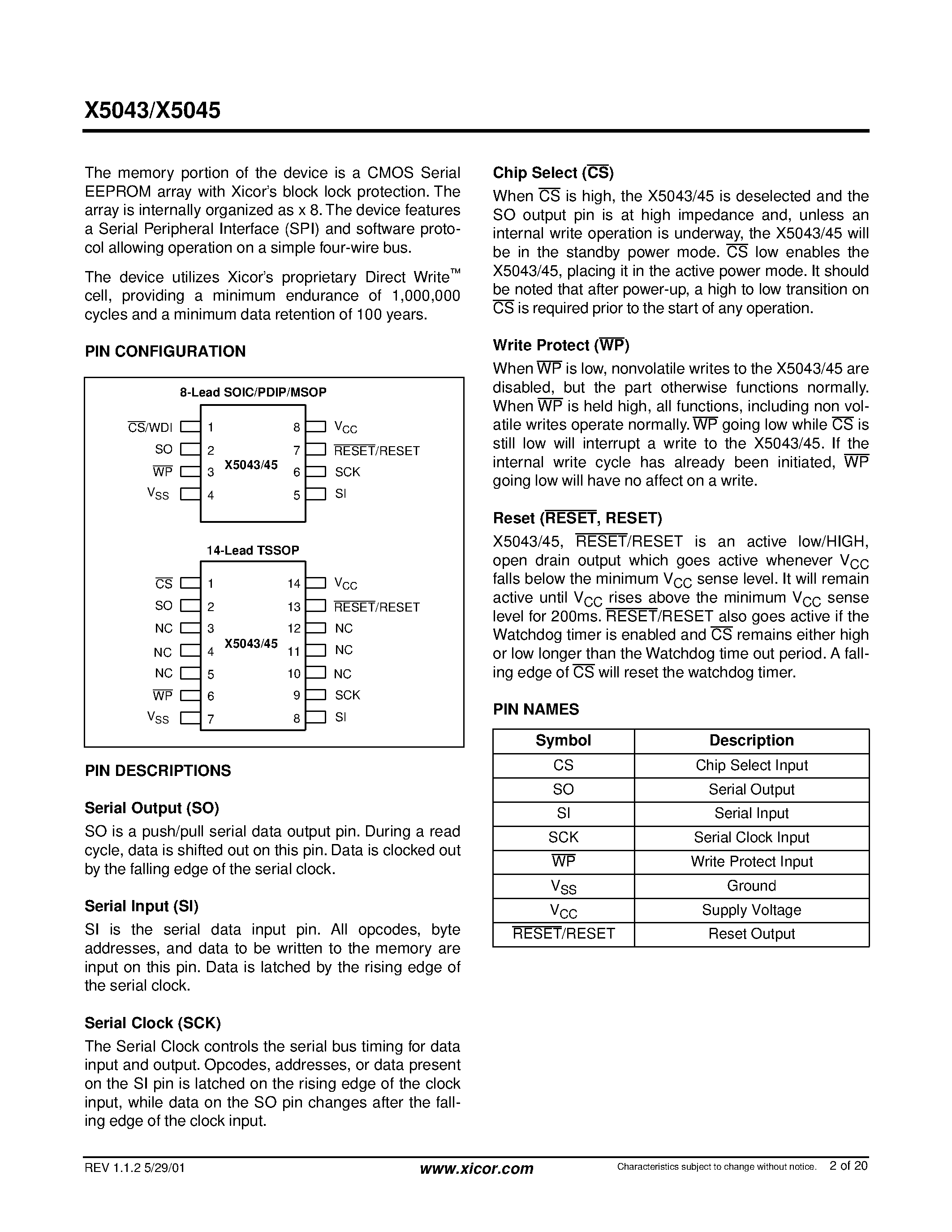 Даташит X5043V14I-2.7 - CPU Supervisor with 4K SPI EEPROM страница 2