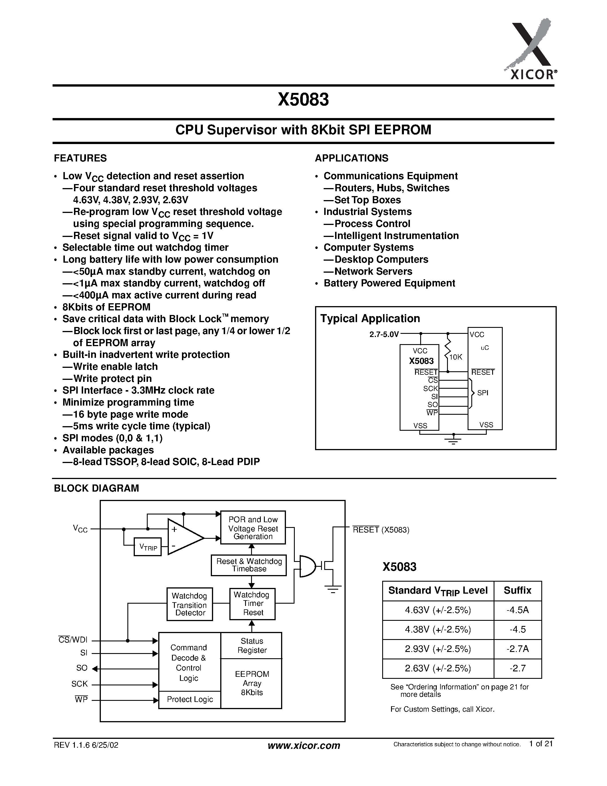 Даташит X5083 - CPU Supervisor with 8Kbit SPI EEPROM страница 1