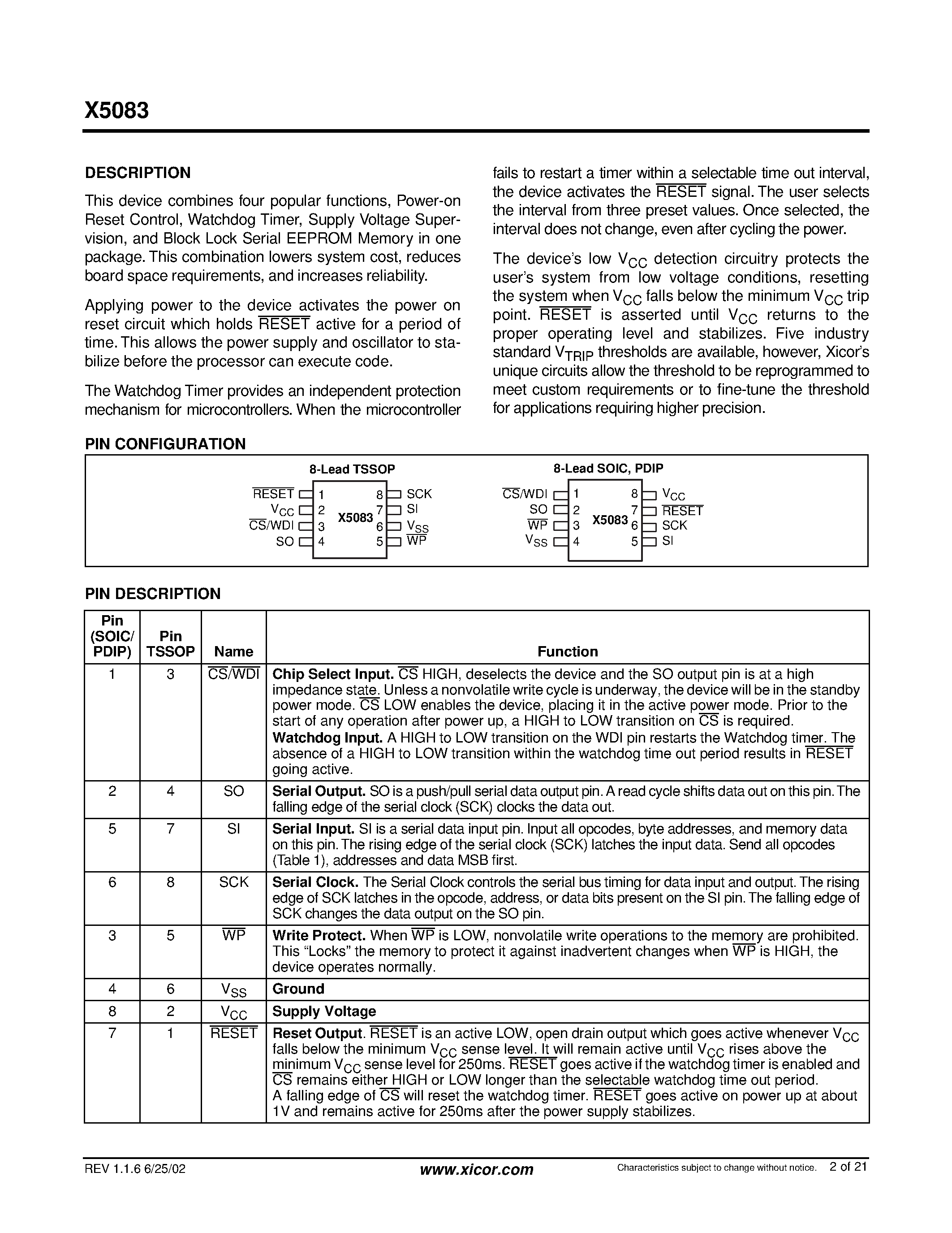 Даташит X5083 - CPU Supervisor with 8Kbit SPI EEPROM страница 2