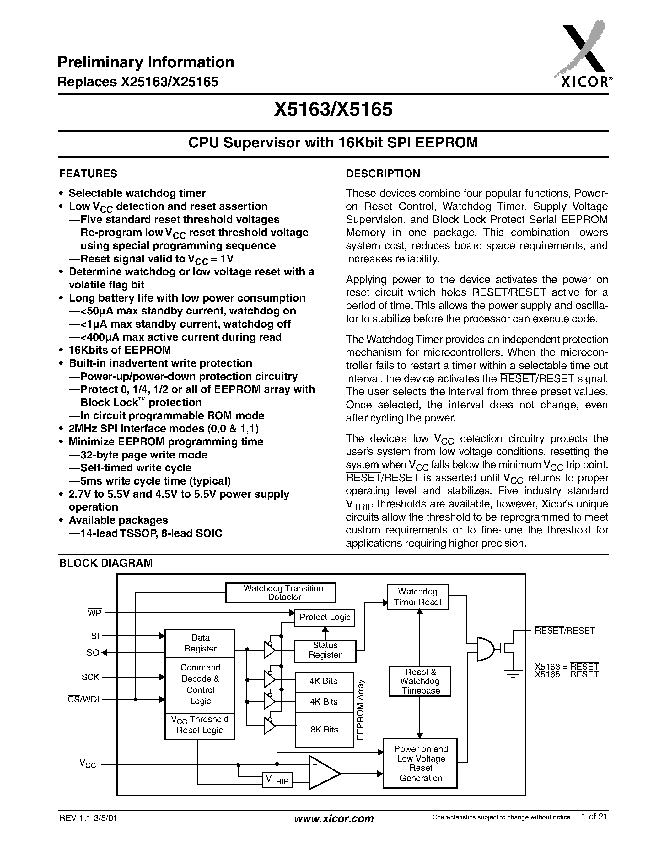 Даташит X5163S8 - CPU Supervisor with 16Kbit SPI EEPROM страница 1