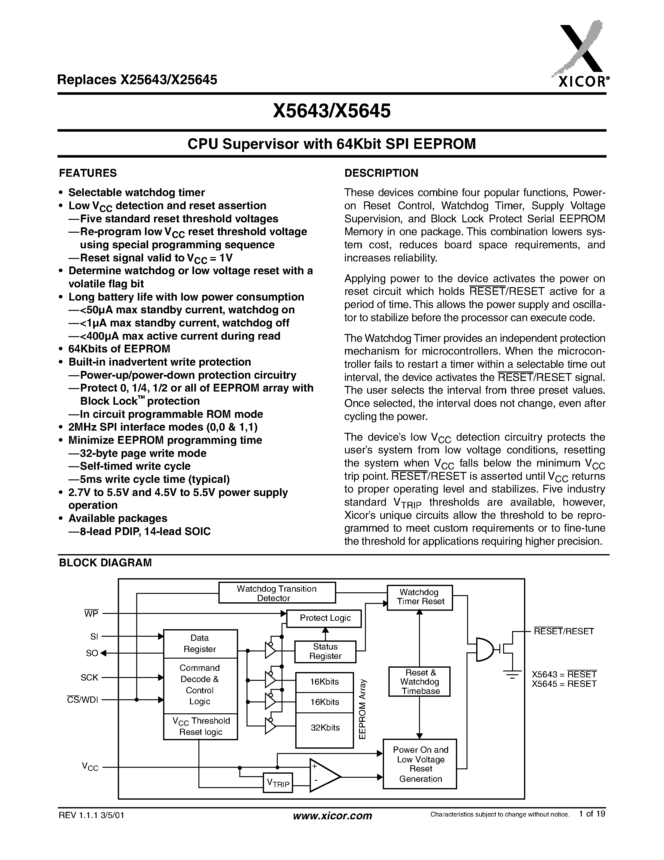 Даташит X5643P - CPU Supervisor with 64Kbit SPI EEPROM страница 1