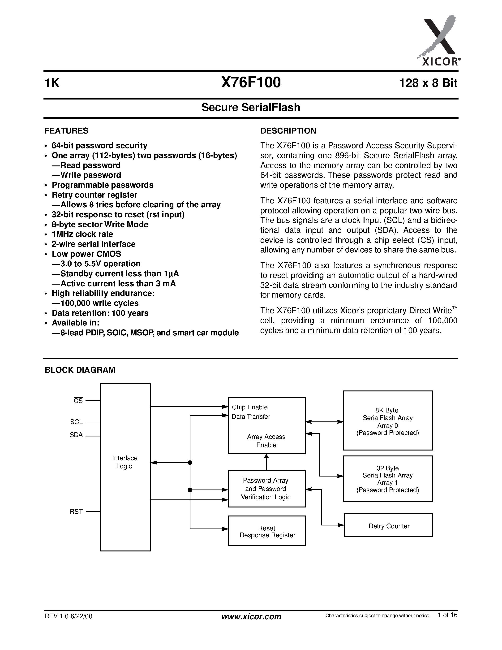 Даташит X76F100 - 1K 128 x 8 Bit страница 1