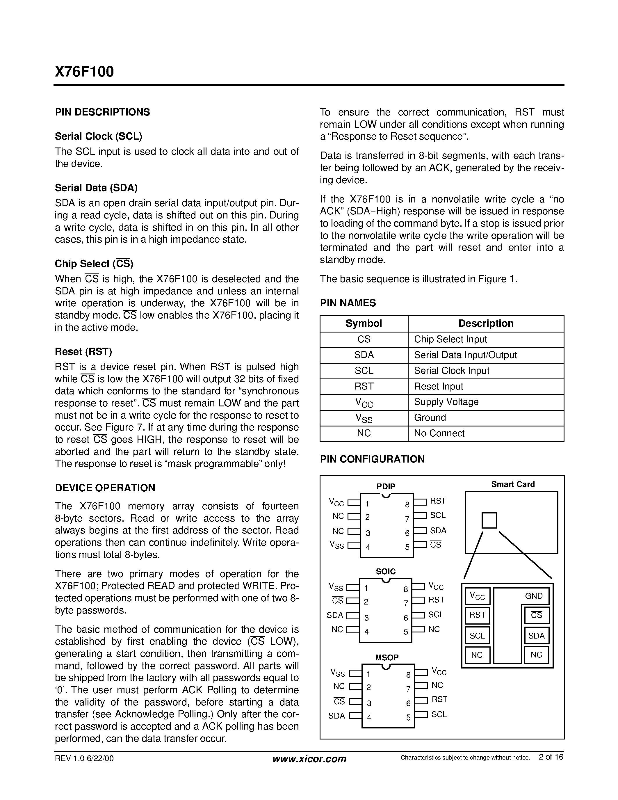 Даташит X76F100PI-3.0 - 1K 128 x 8 Bit страница 2