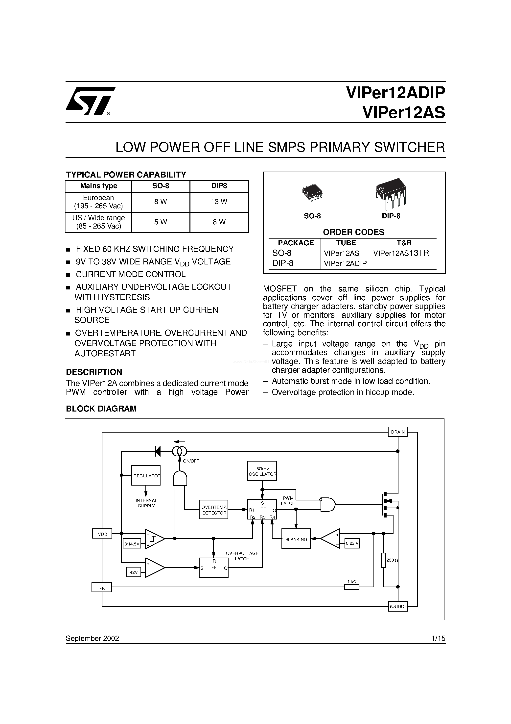 Datasheet VIPer12A - LOW POWER OFF LINE SMPS PRIMARY SWITCHER page 1