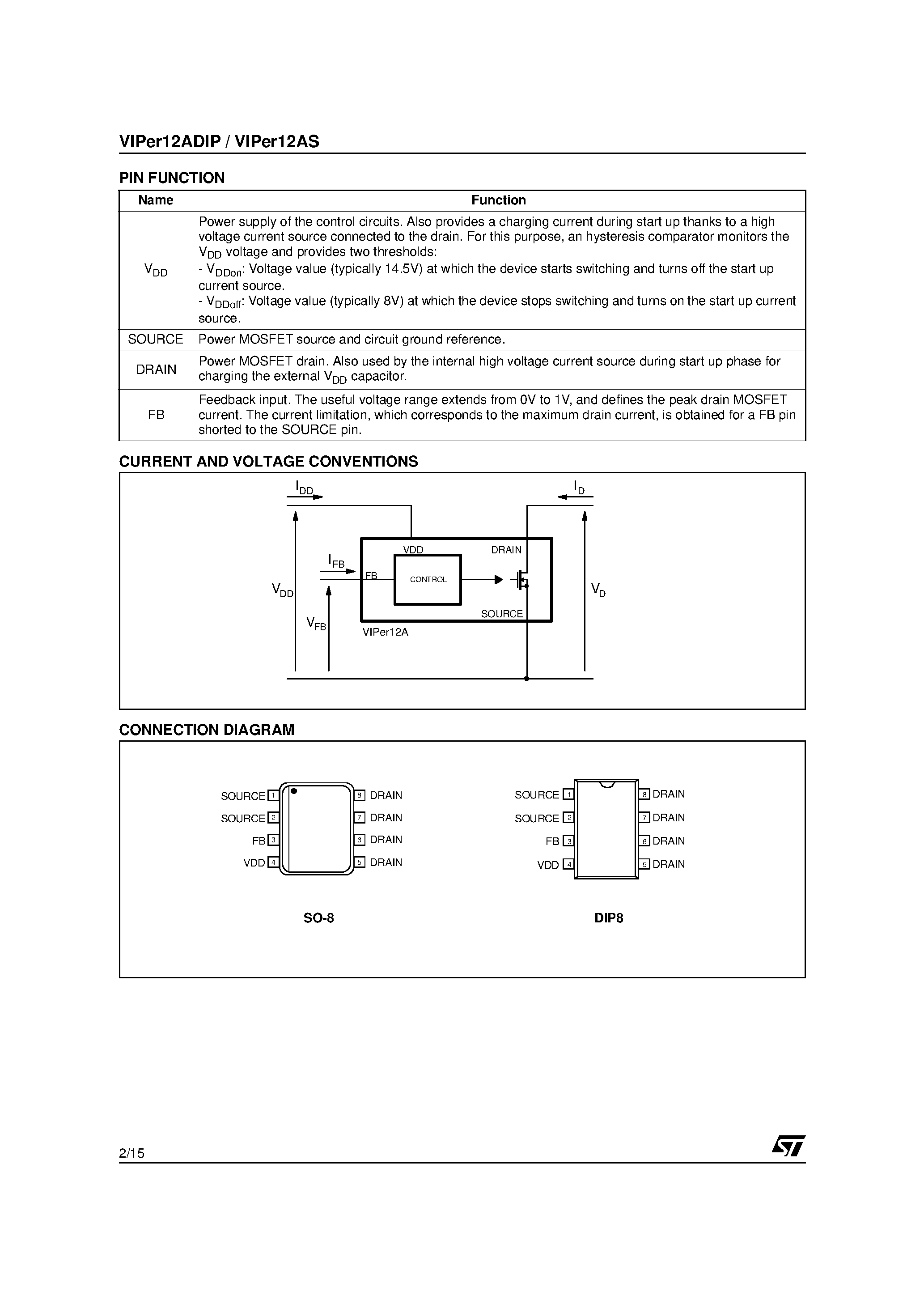 Datasheet VIPer12A - LOW POWER OFF LINE SMPS PRIMARY SWITCHER page 2