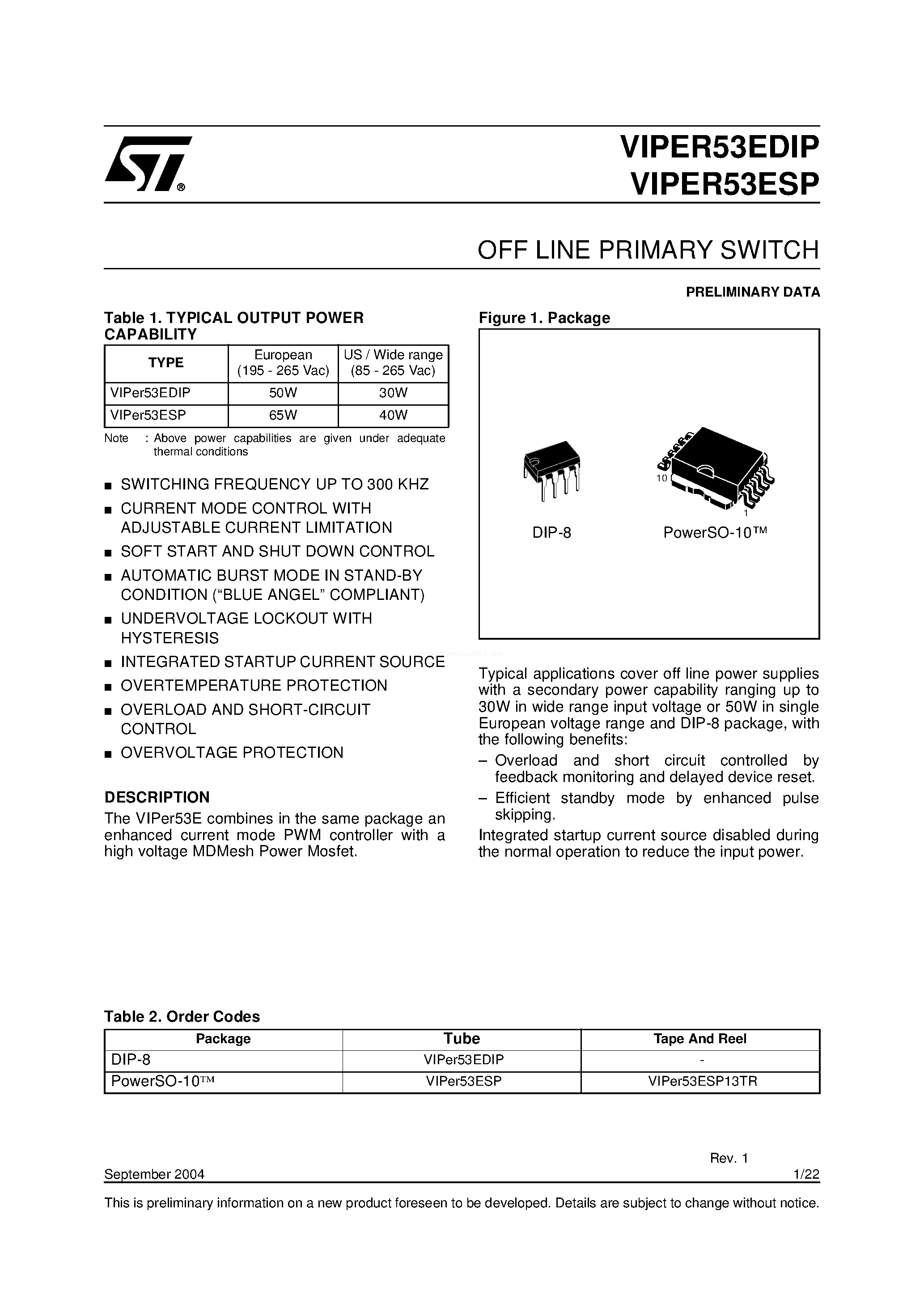 Даташит VIPER53E - STATE OF THE ART PRIMARY SIDE SWITCH FOR AC/DC CONVERTERS страница 1