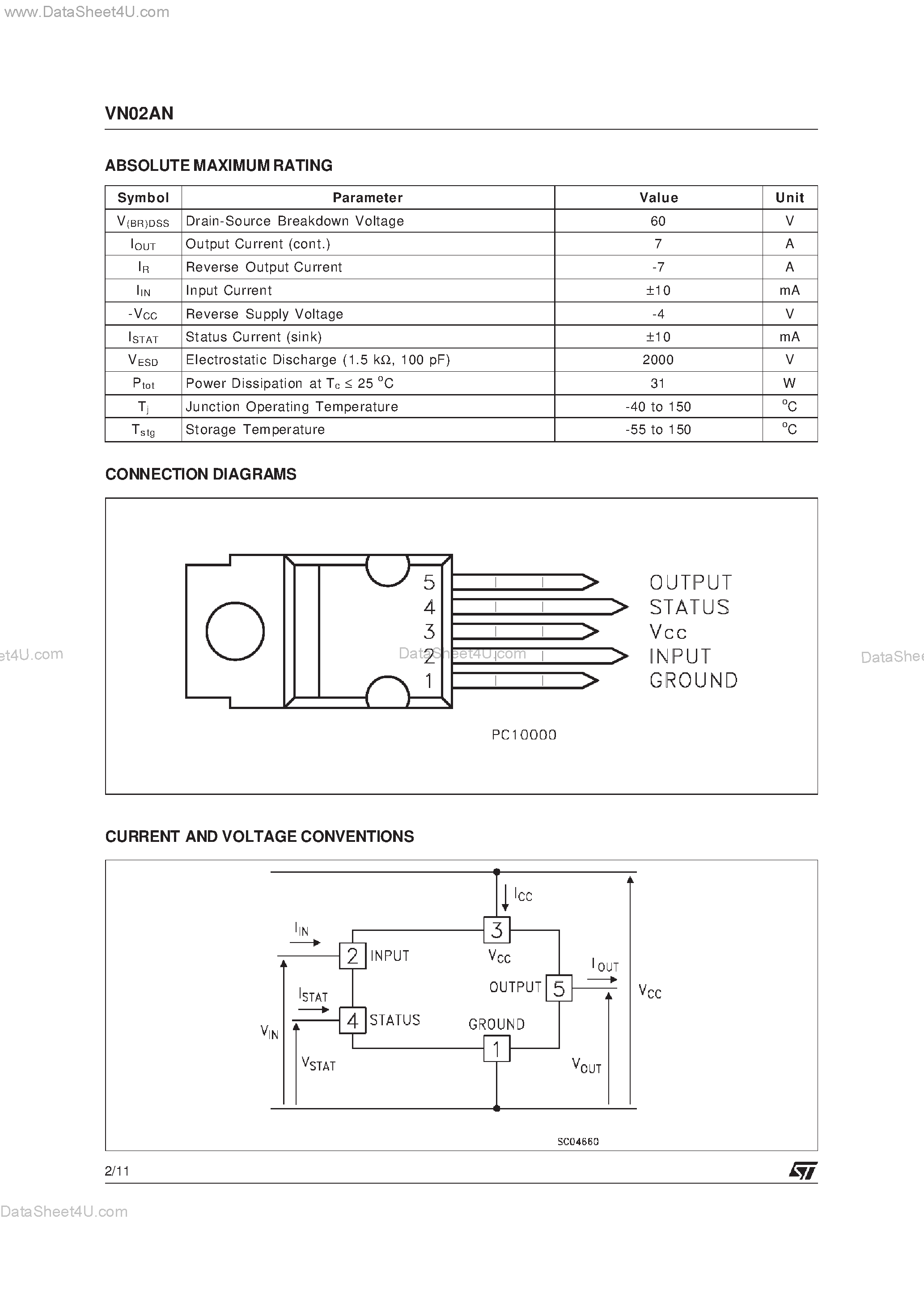 Даташит VN02AN(011Y) - HIGH SIDE SMART POWER SOLID STATE RELAY страница 2