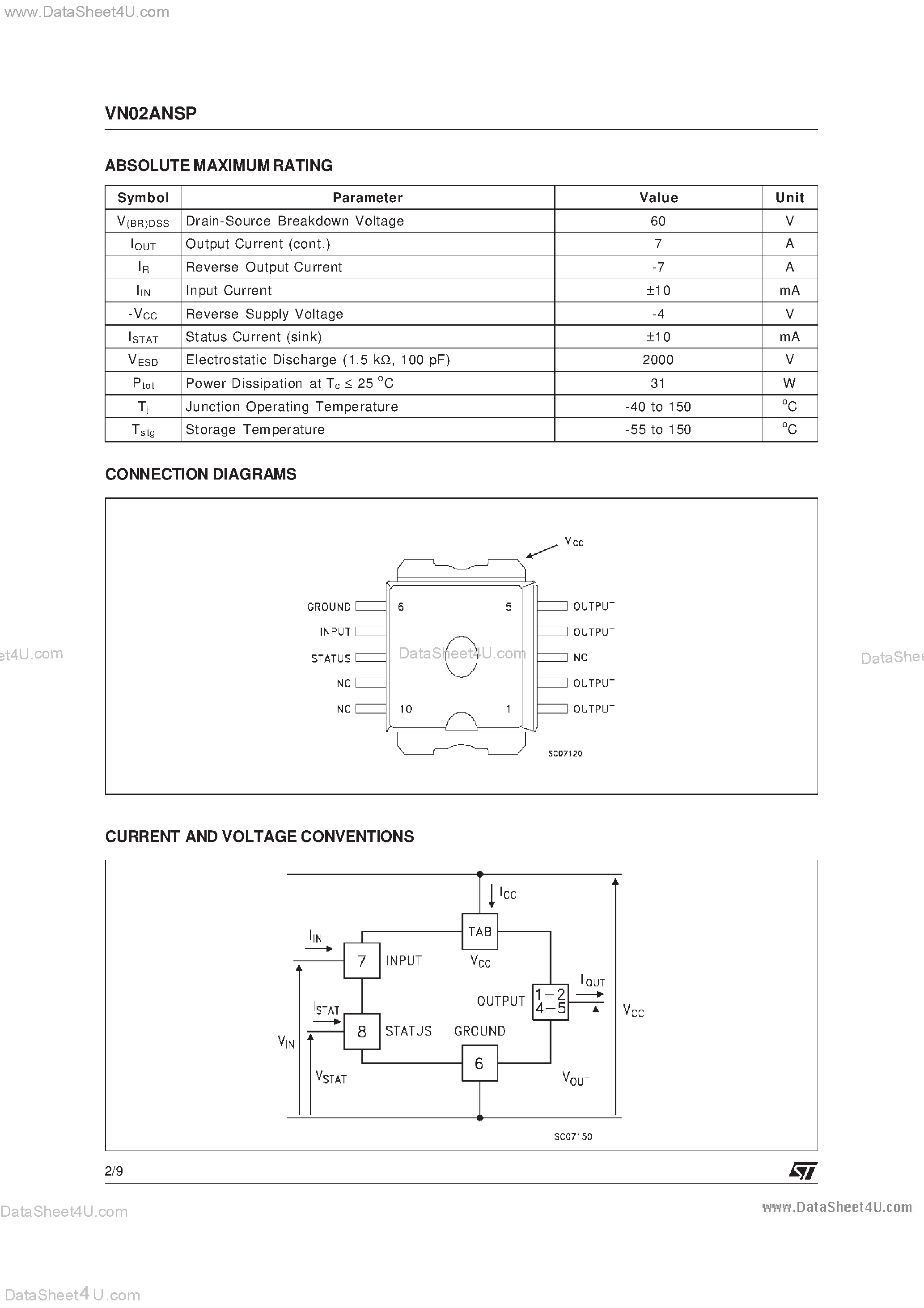 Даташит VN02ANSP - HIGH SIDE SMART POWER SOLID STATE RELAY страница 2