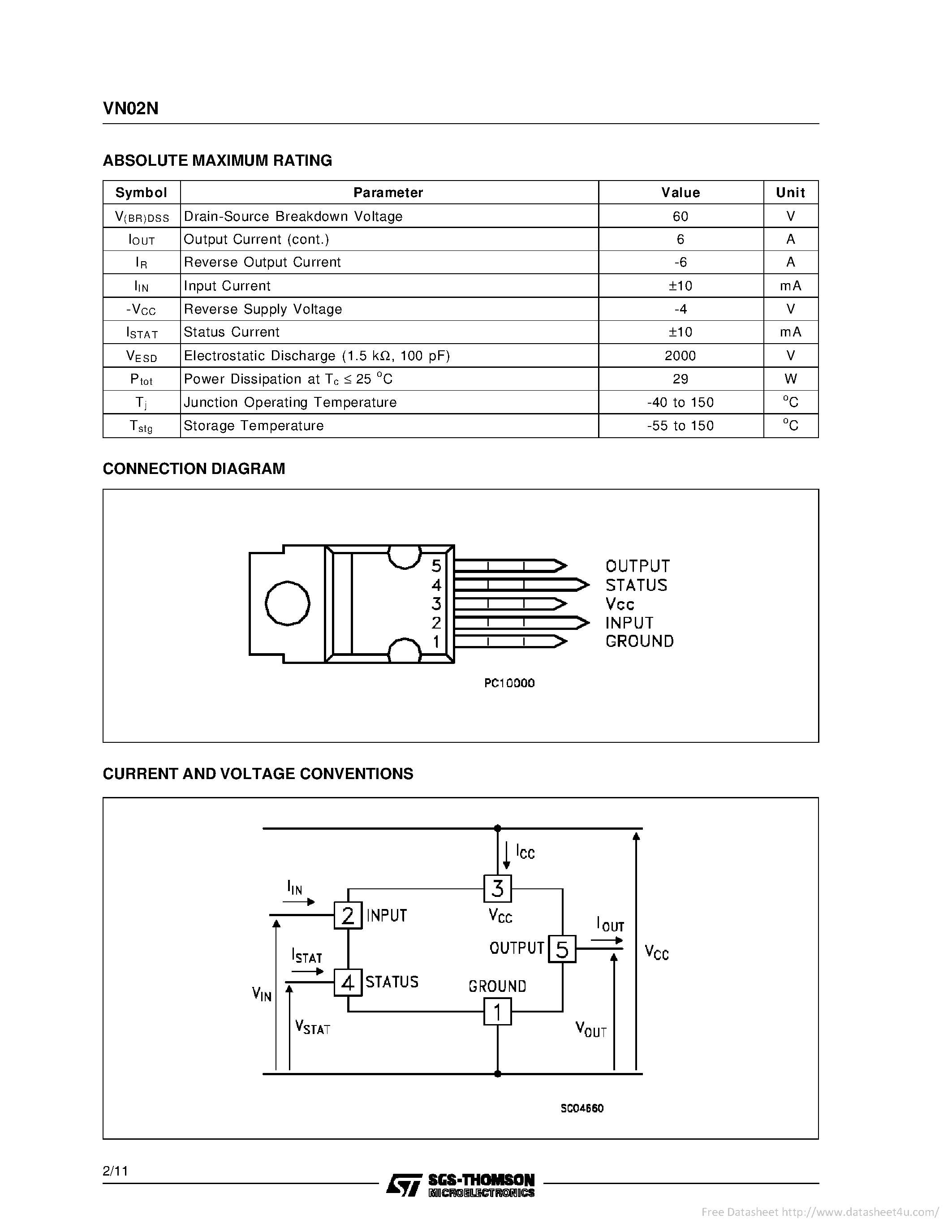 Даташит VN02N(011Y) - HIGH SIDE SMART POWER SOLID STATE RELAY страница 2