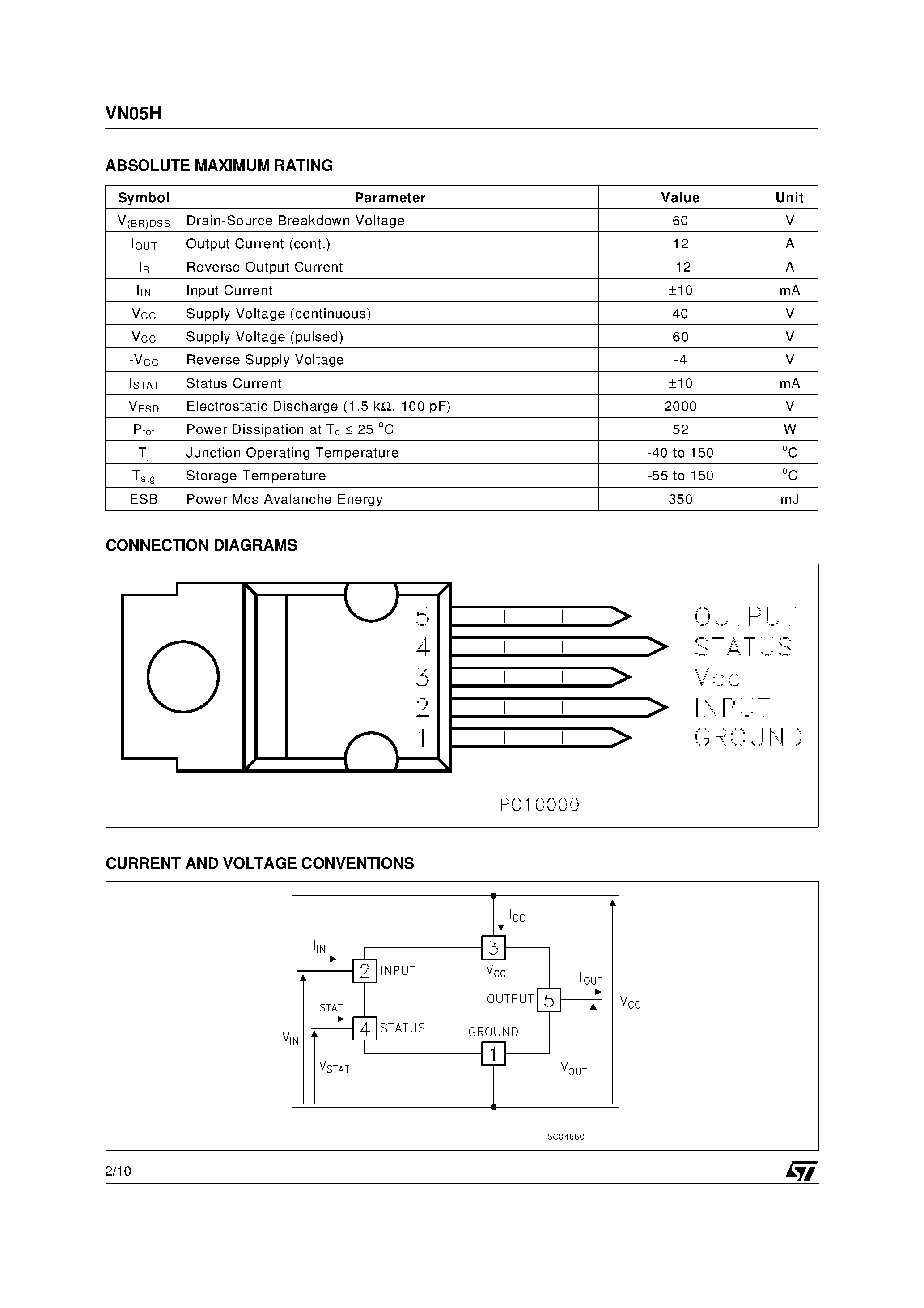 Даташит VN05 - HIGH SIDE SMART POWER SOLID STATE RELAY страница 2