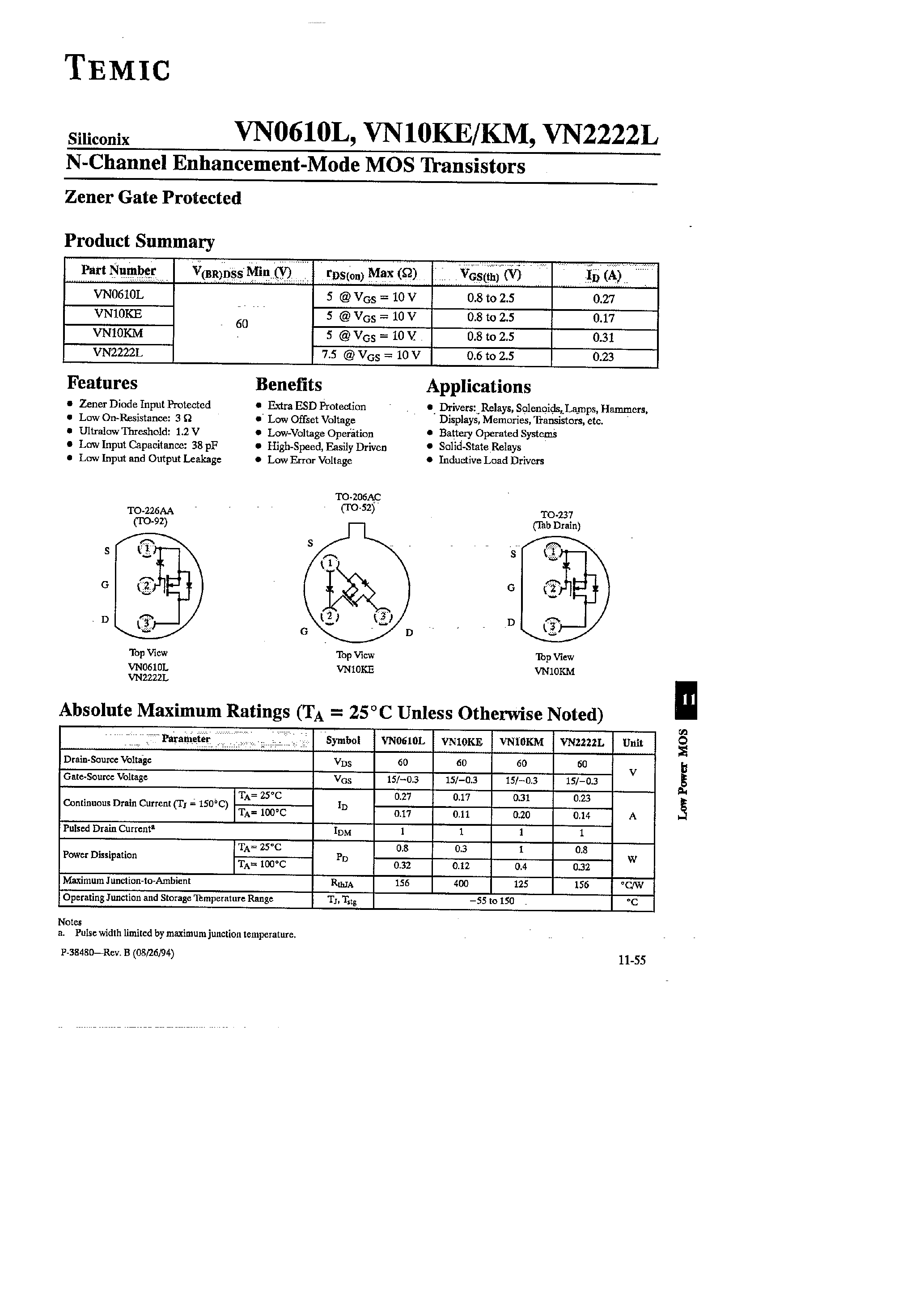 Даташит VN0610 - N-Channel Enhancement-Mode MOS Transistors страница 1