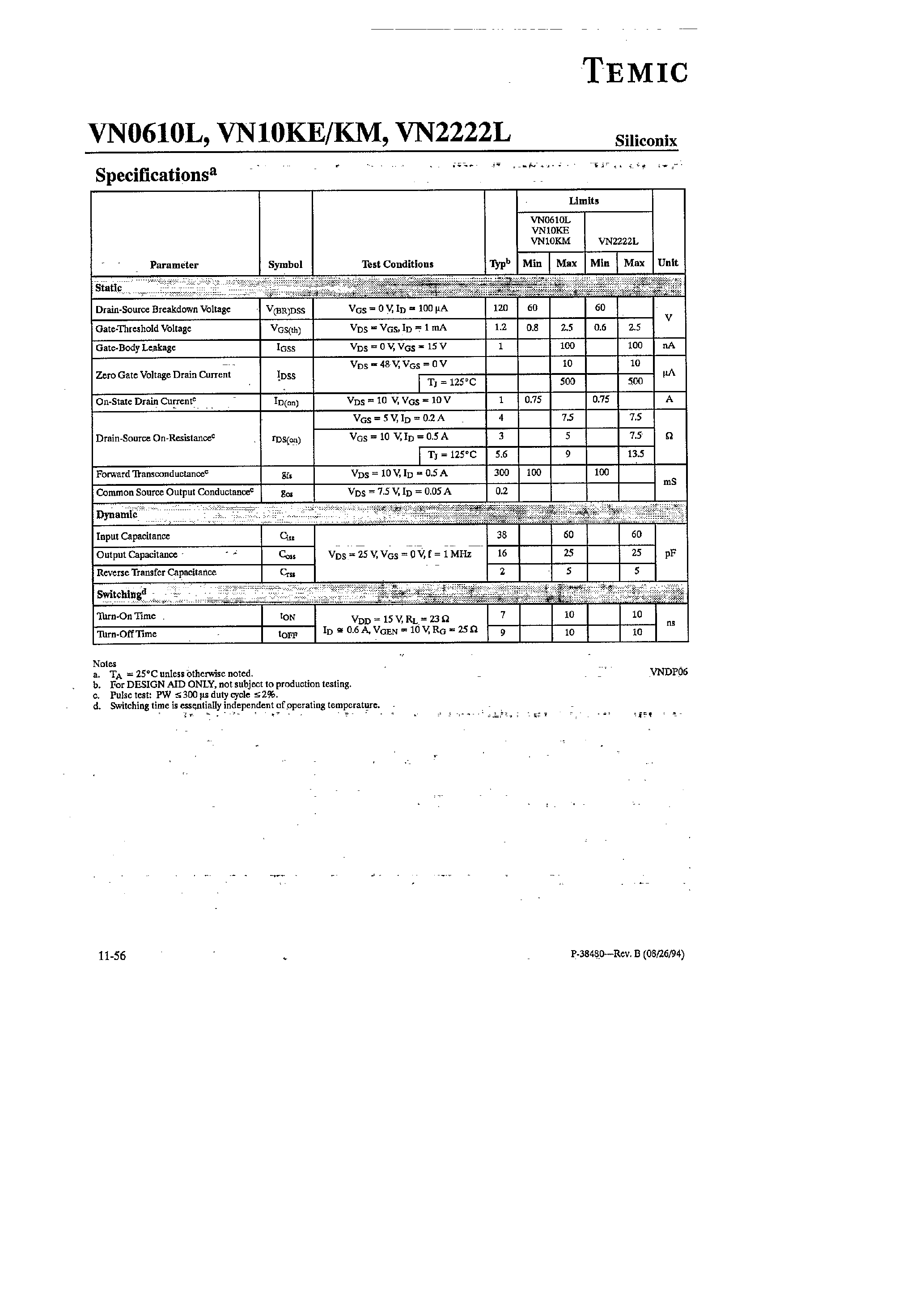 Даташит VN0610 - N-Channel Enhancement-Mode MOS Transistors страница 2