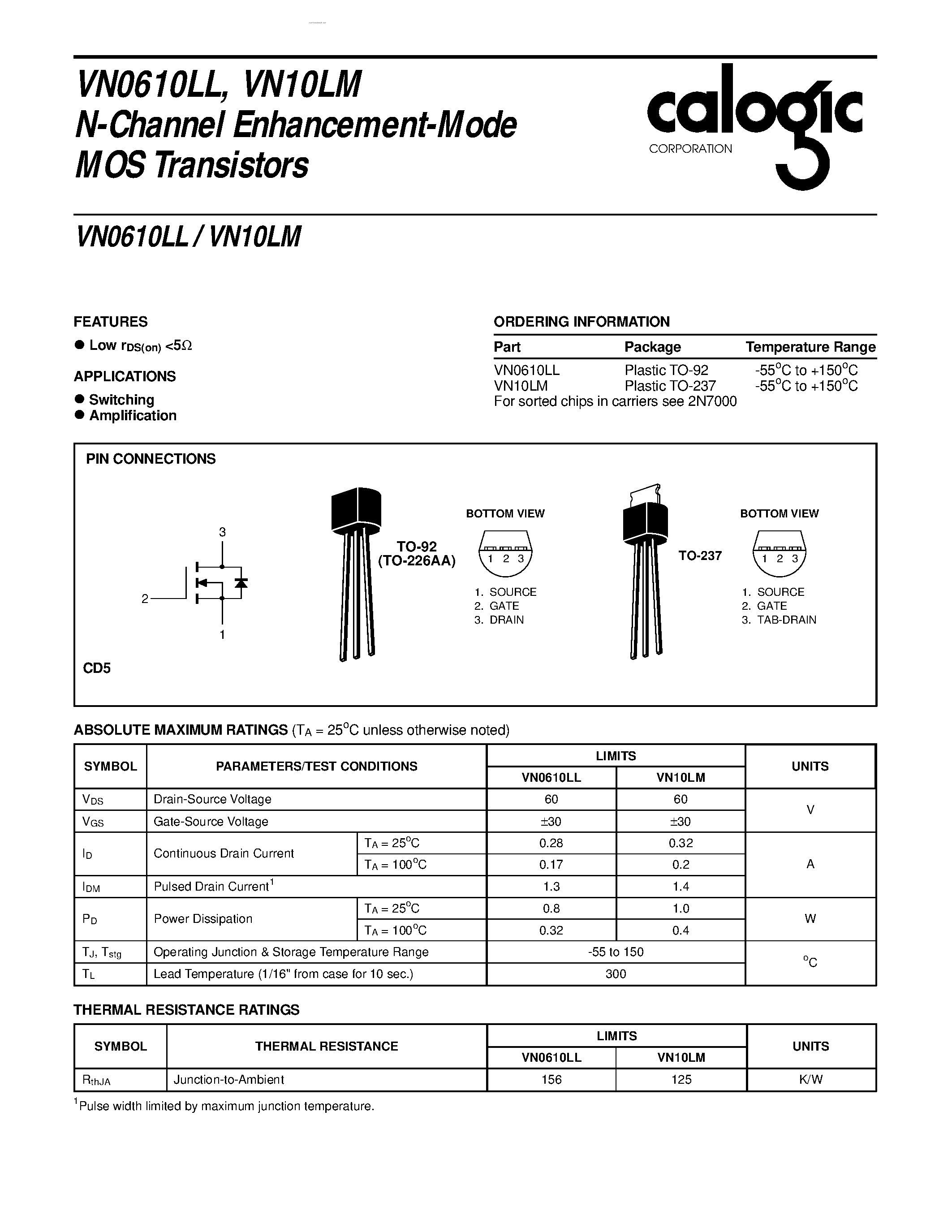 Даташит VN0610 - N-Channel Enhancement-Mode MOS Transistors страница 1