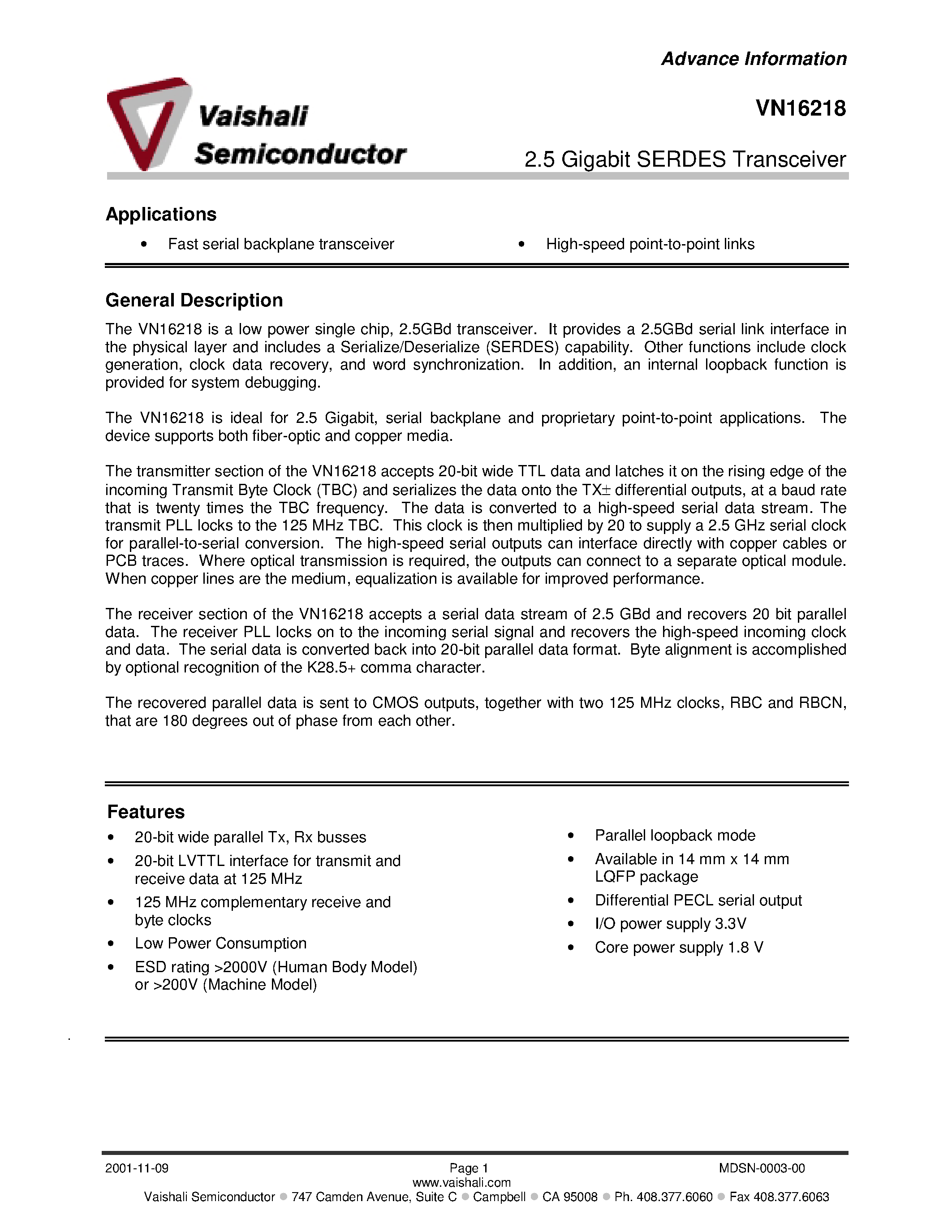 Даташит VN16218 - 2.5 Gigabit SERDES Transceiver страница 1