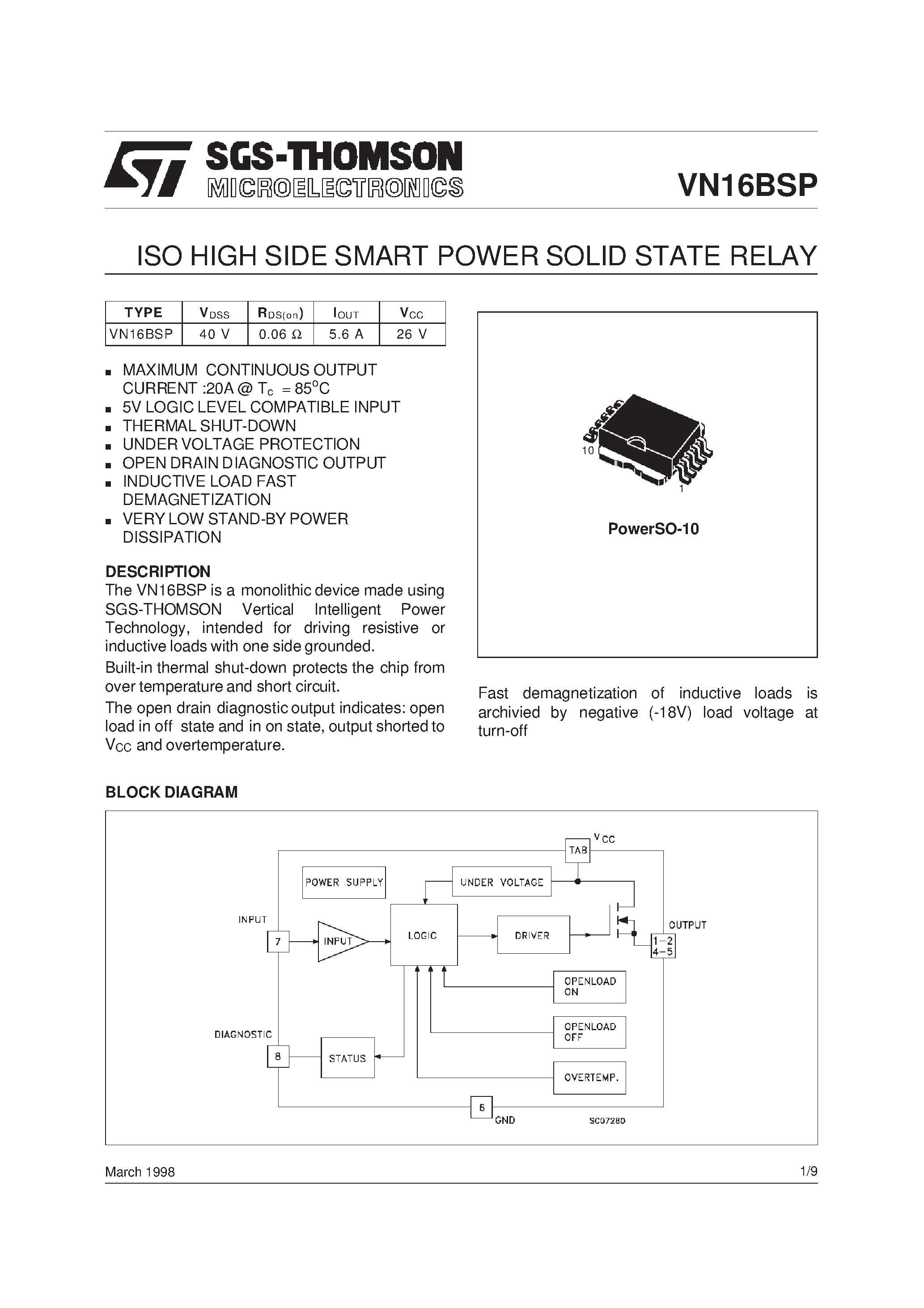 Даташит VN16BSP - ISO HIGH SIDE SMART POWER SOLID STATE RELAY страница 1