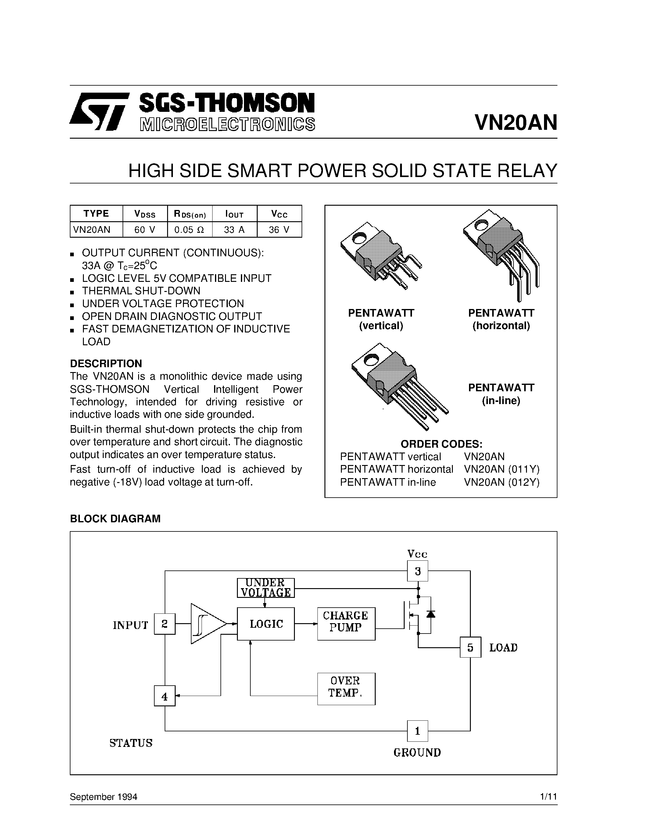 Даташит VN20AN - HIGH SIDE SMART POWER SOLID STATE RELAY страница 1