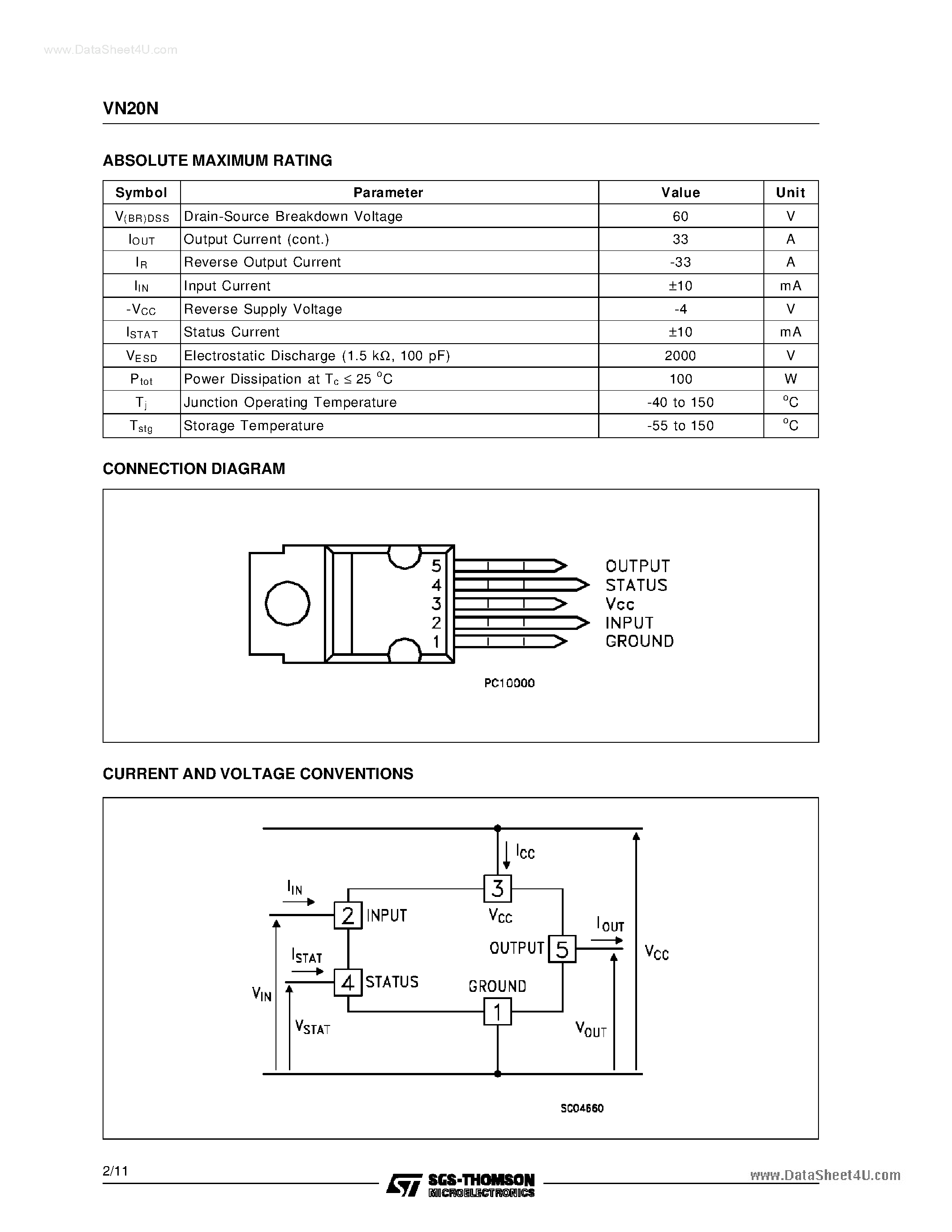 Даташит VN20N(012Y) - HIGH SIDE SMART POWER SOLID STATE RELAY страница 2