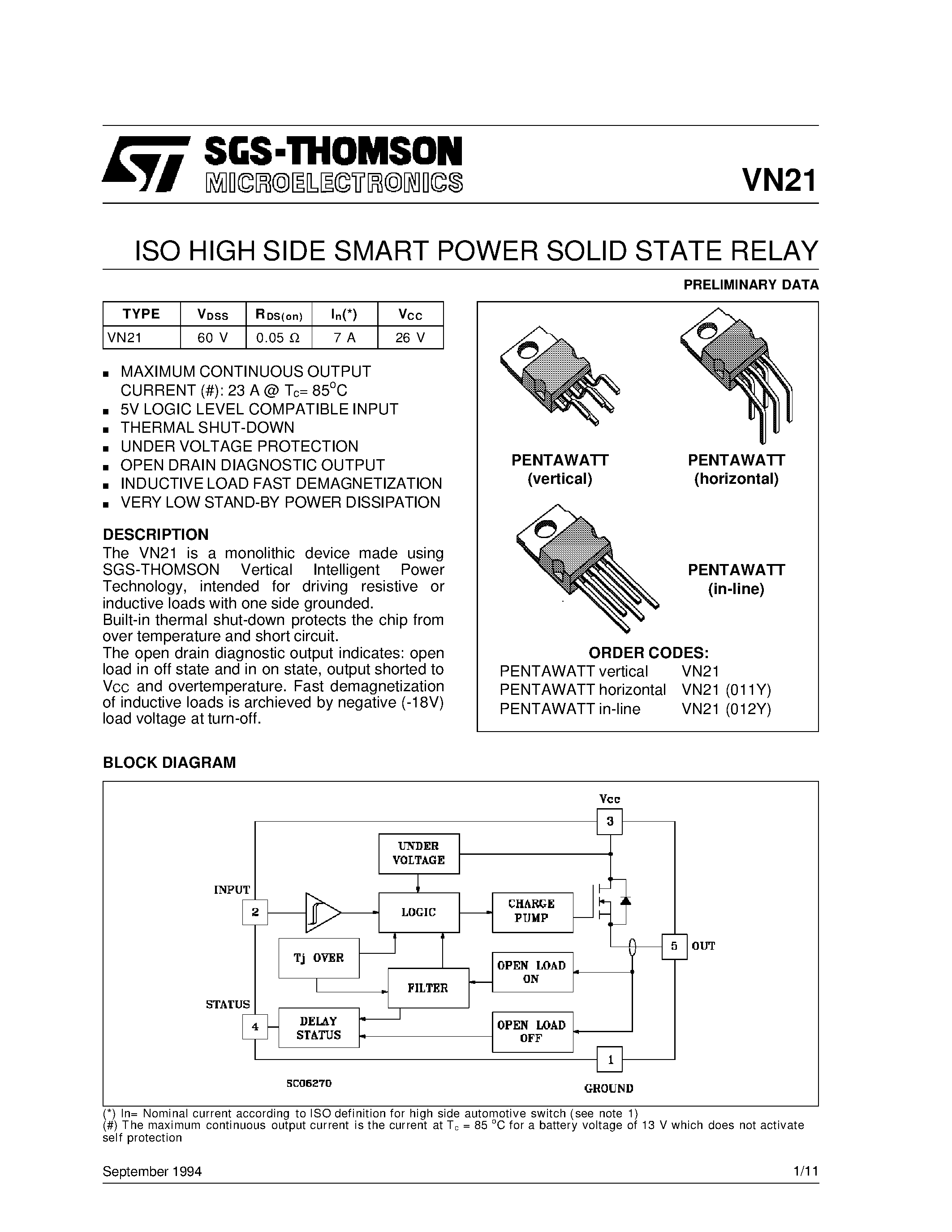 Даташит VN21(012Y) - ISO HIGH SIDE SMART POWER SOLID STATE RELAY страница 1