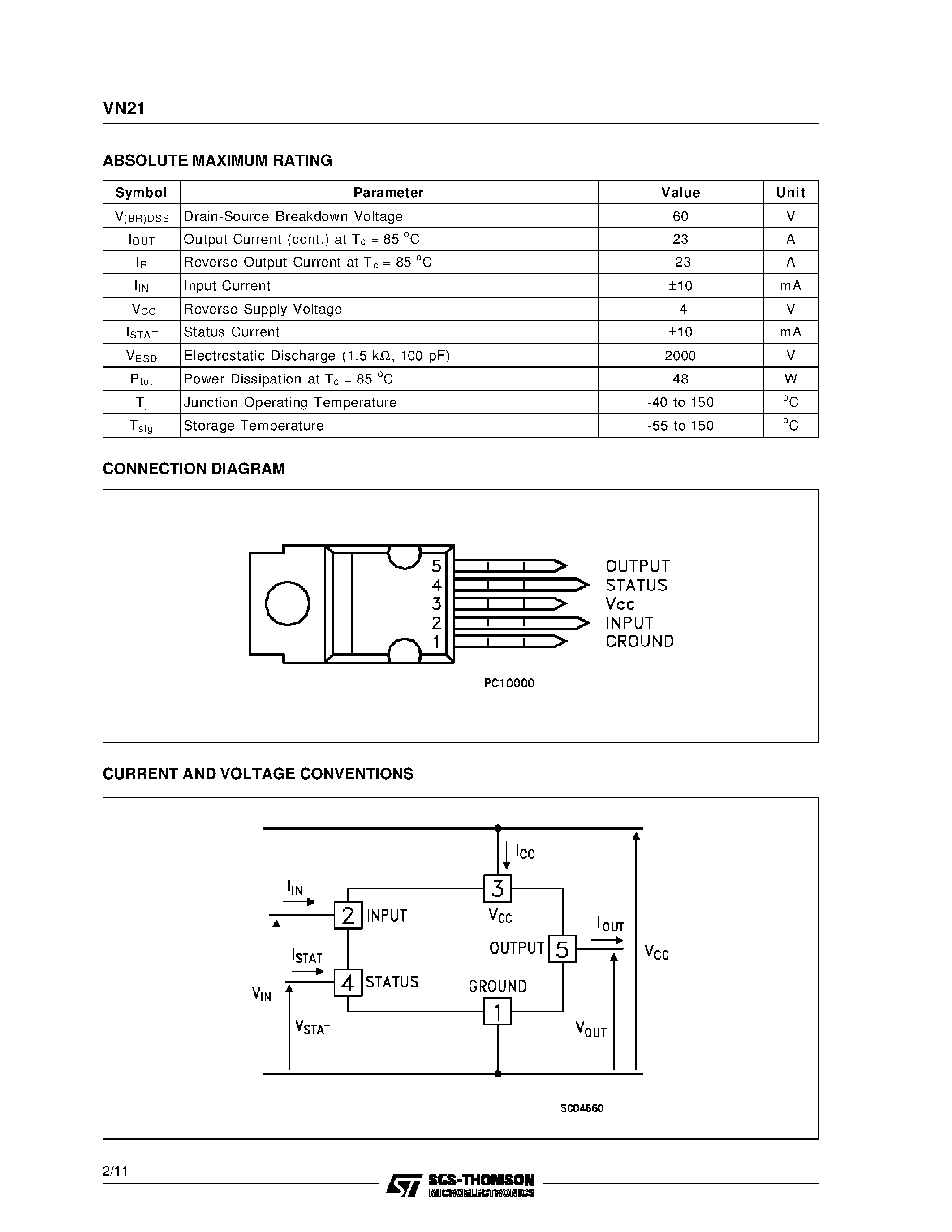 Даташит VN21(012Y) - ISO HIGH SIDE SMART POWER SOLID STATE RELAY страница 2