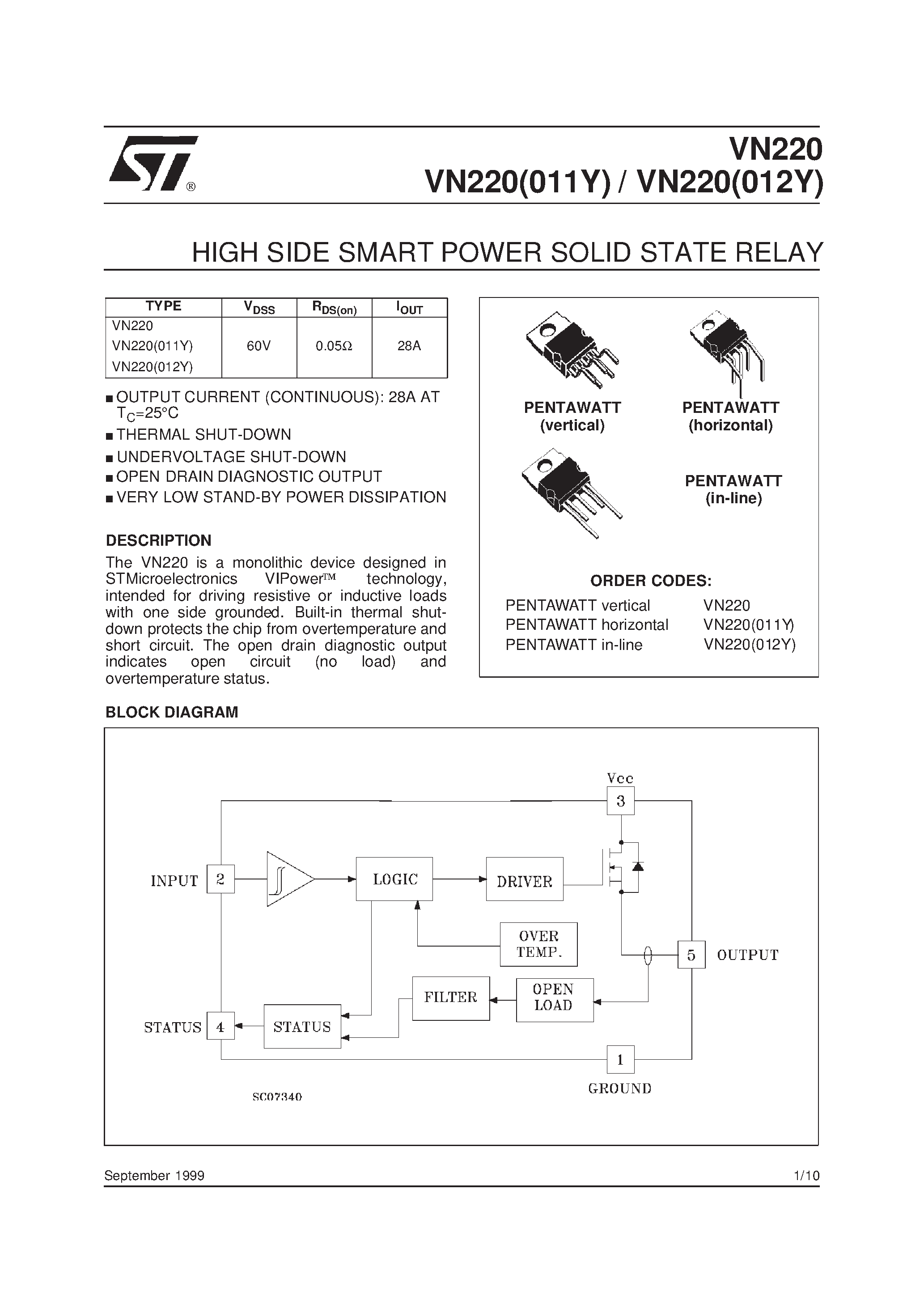 Даташит VN220 - HIGH SIDE SMART POWER SOLID STATE RELAY страница 1