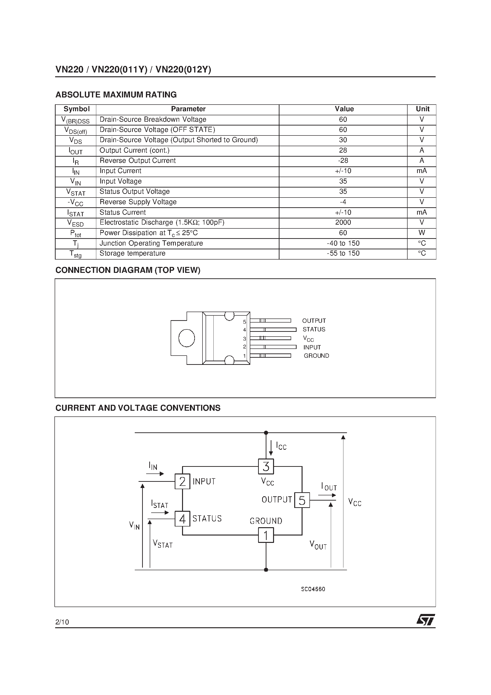 Даташит VN220 - HIGH SIDE SMART POWER SOLID STATE RELAY страница 2