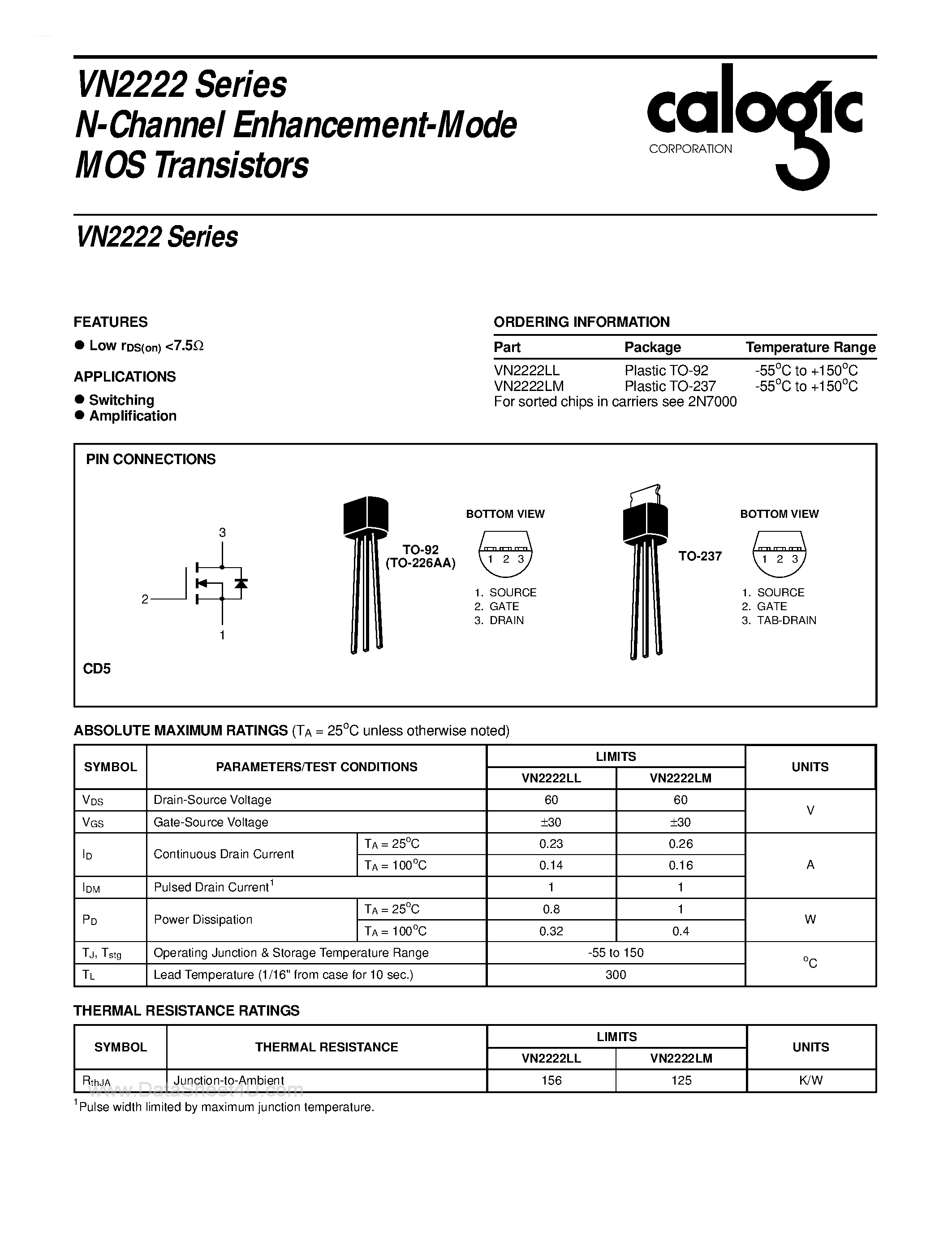 Даташит VN2222 - N-Channel Enhancement-Mode MOS Transistors страница 1