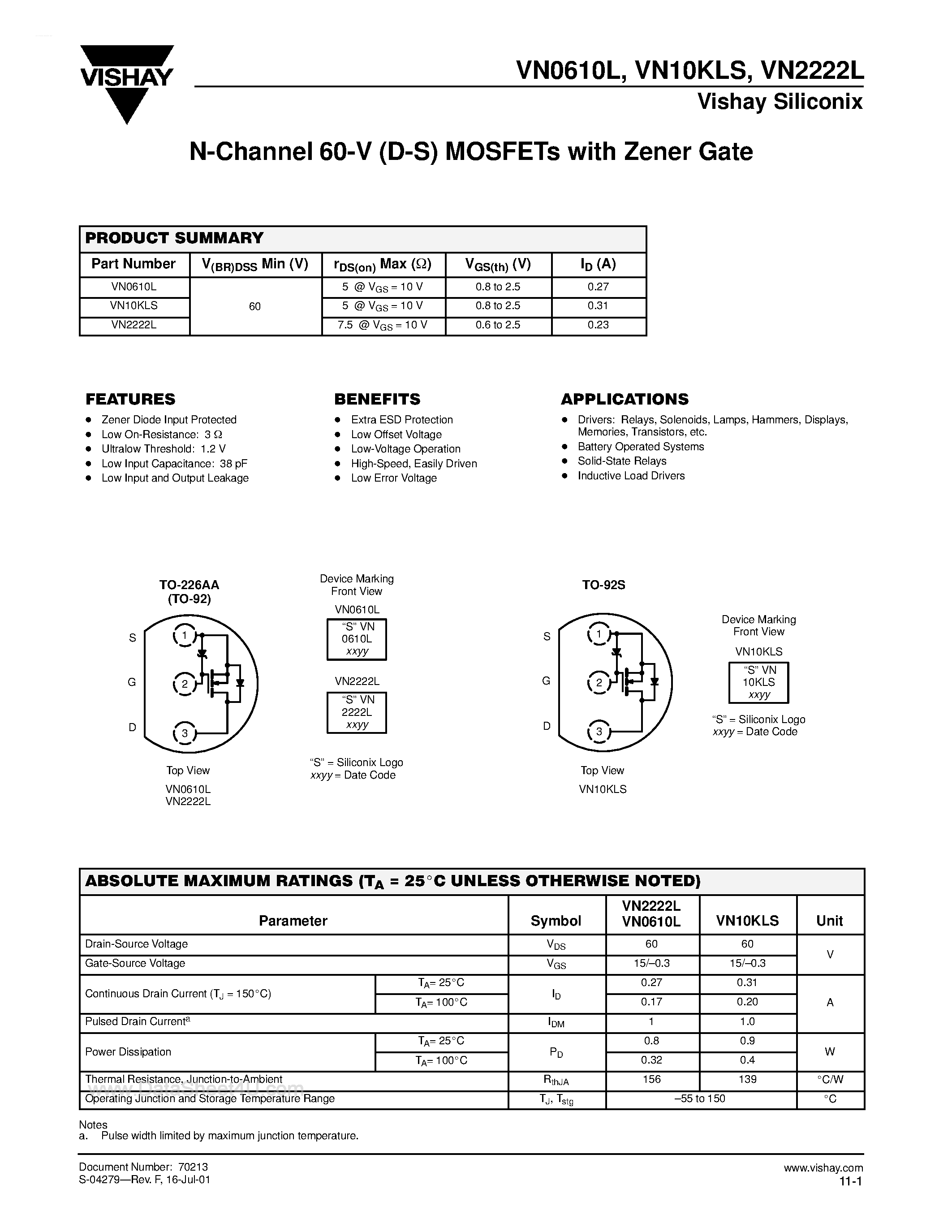 Даташит VN2222L - N-Channel Enhancement-Mode MOS Transistors страница 1