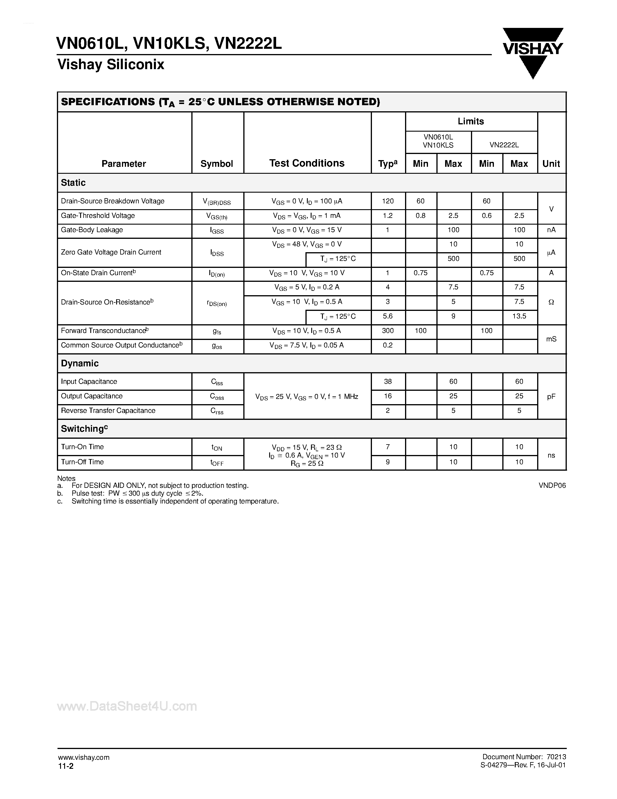 Даташит VN2222L - N-Channel Enhancement-Mode MOS Transistors страница 2