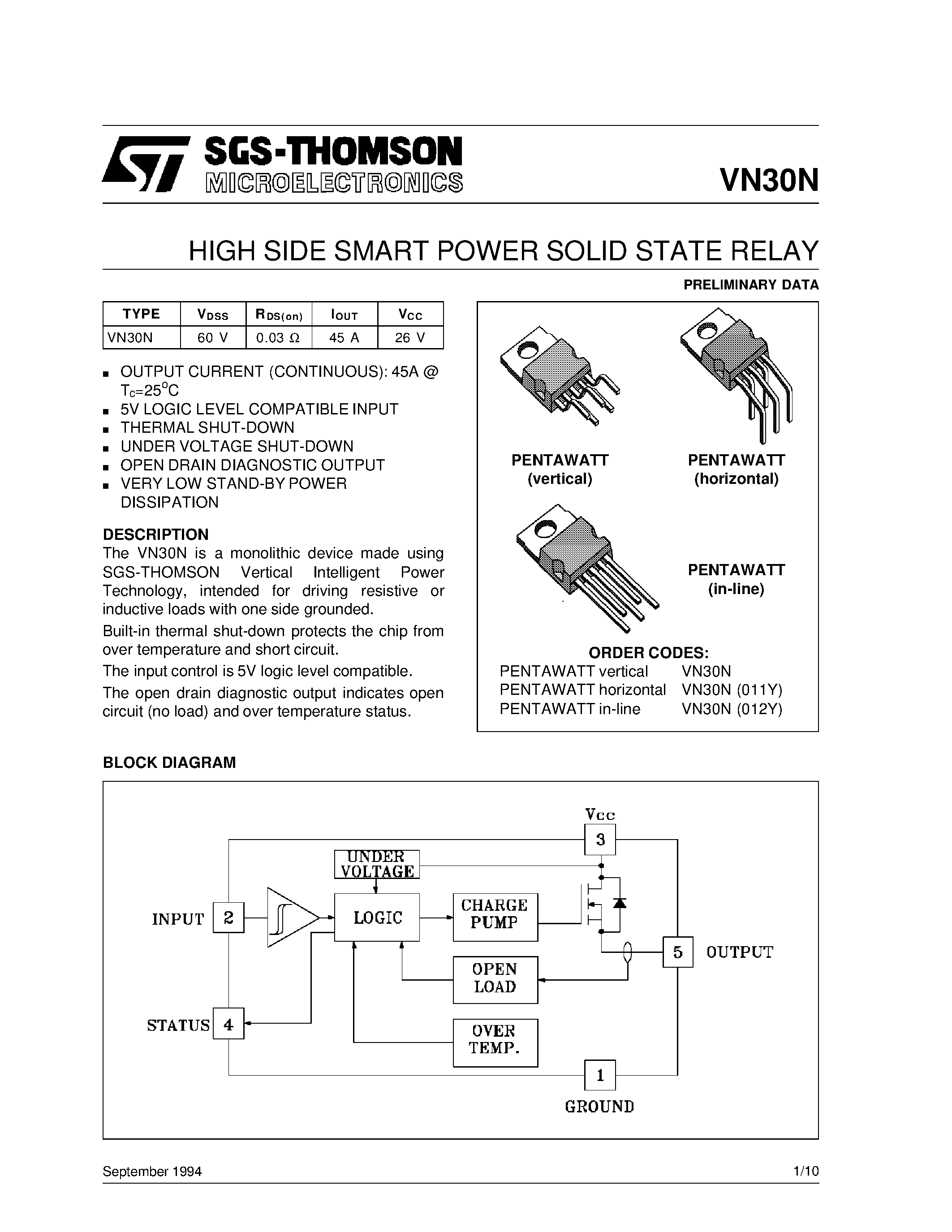 Даташит VN30N(012Y) - HIGH SIDE SMART POWER SOLID STATE RELAY страница 1