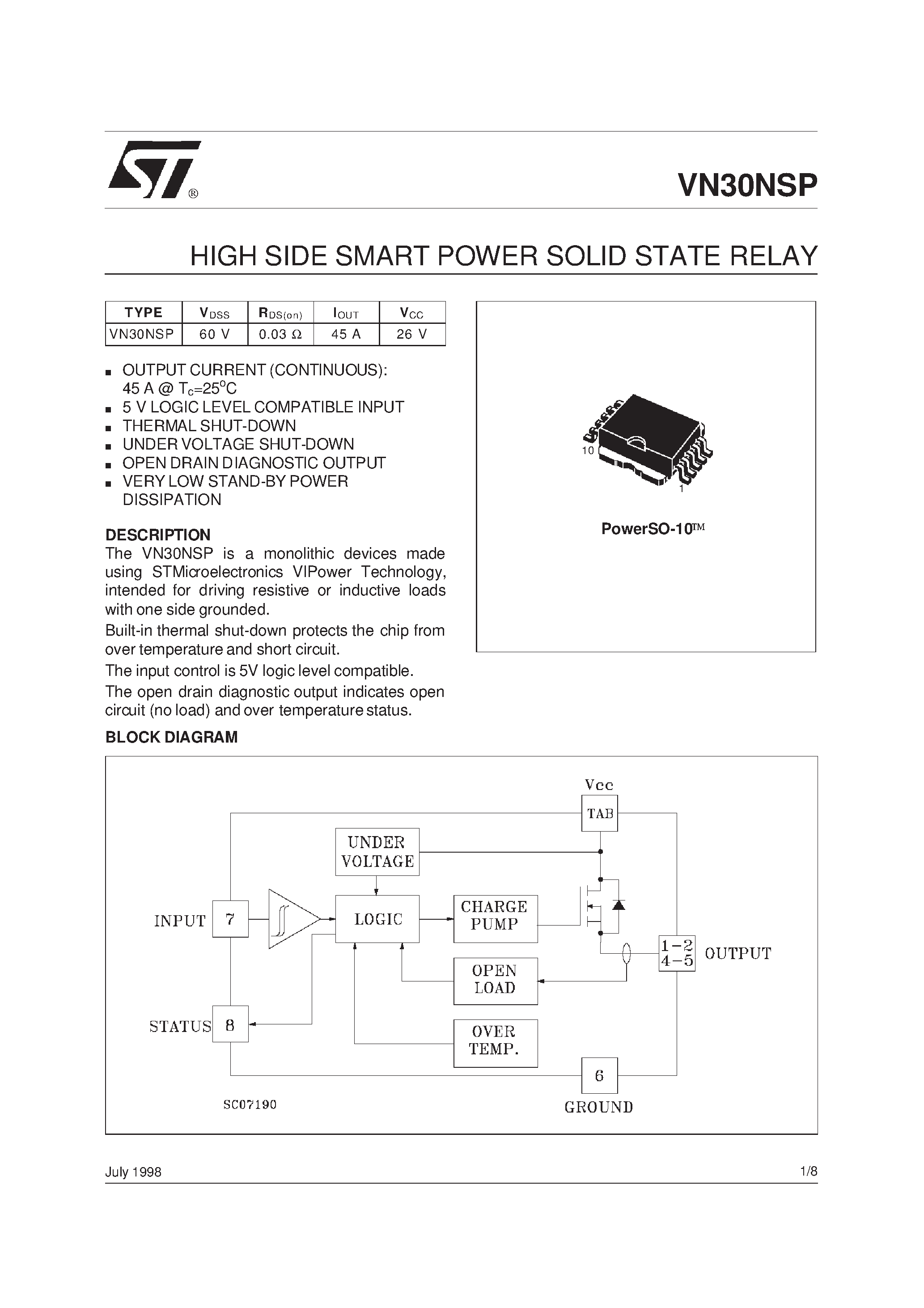 Даташит VN30NSP - HIGH SIDE SMART POWER SOLID STATE RELAY страница 1