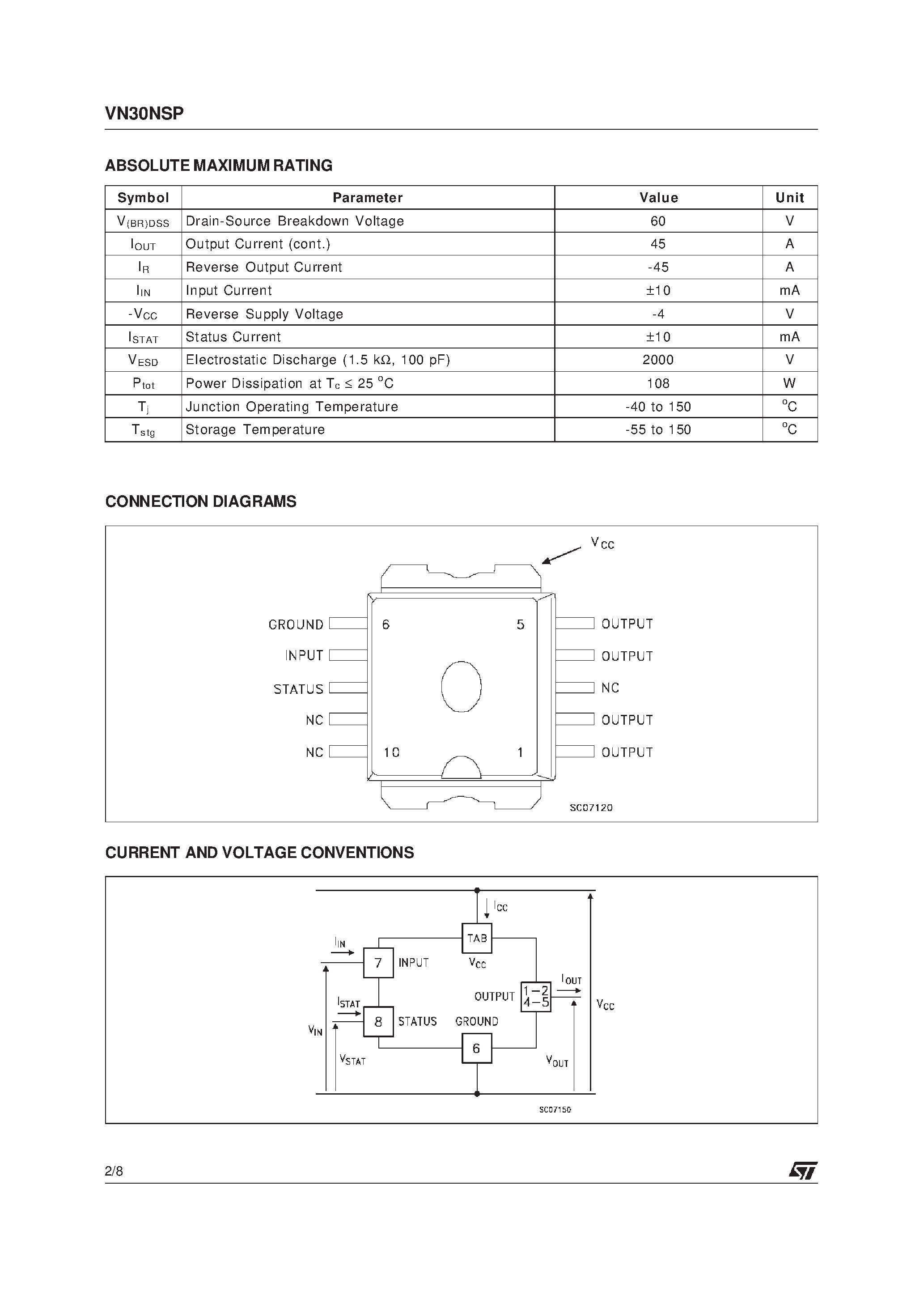 Даташит VN30NSP - HIGH SIDE SMART POWER SOLID STATE RELAY страница 2