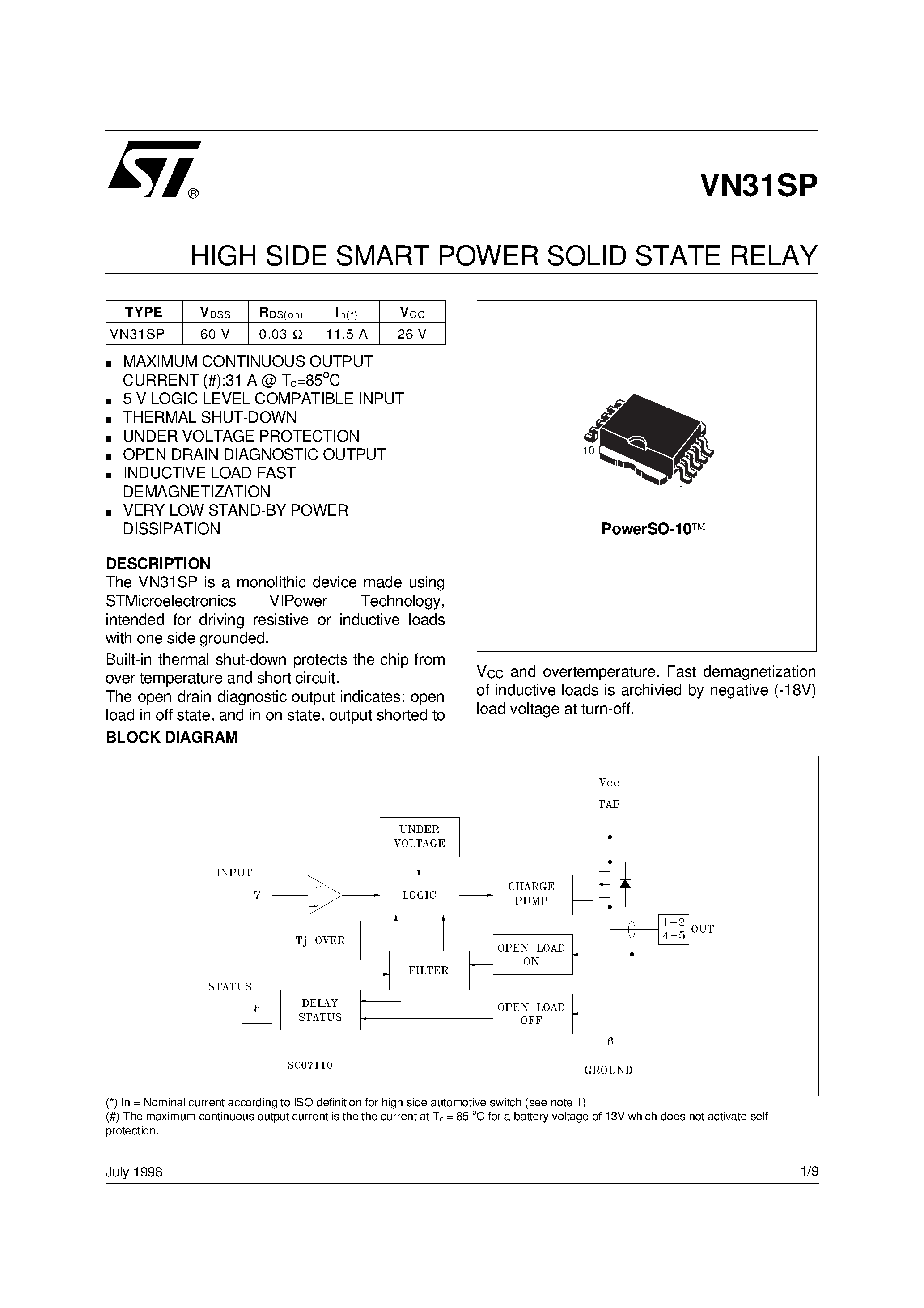 Даташит VN31SP - HIGH SIDE SMART POWER SOLID STATE RELAY страница 1