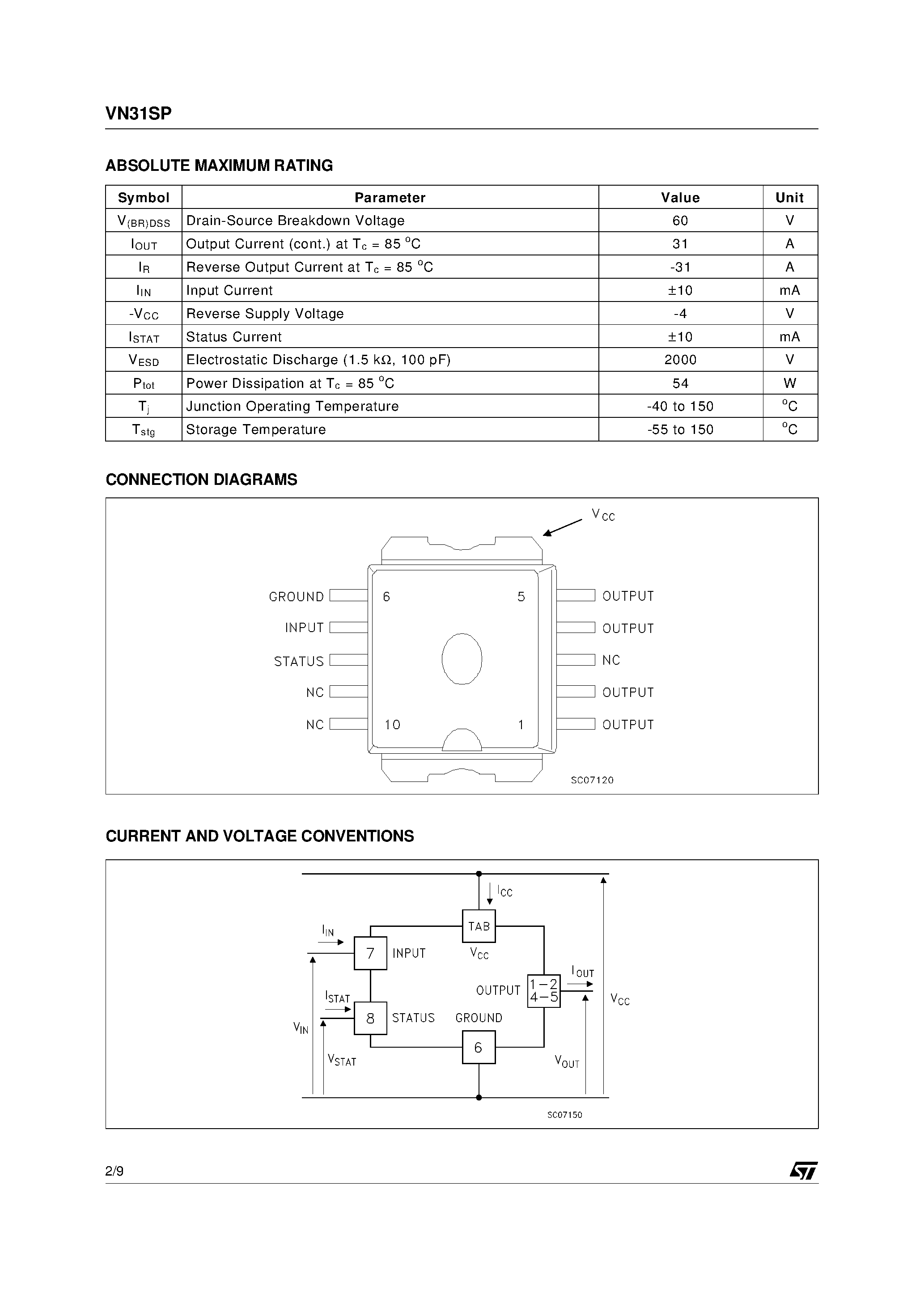 Даташит VN31SP - HIGH SIDE SMART POWER SOLID STATE RELAY страница 2