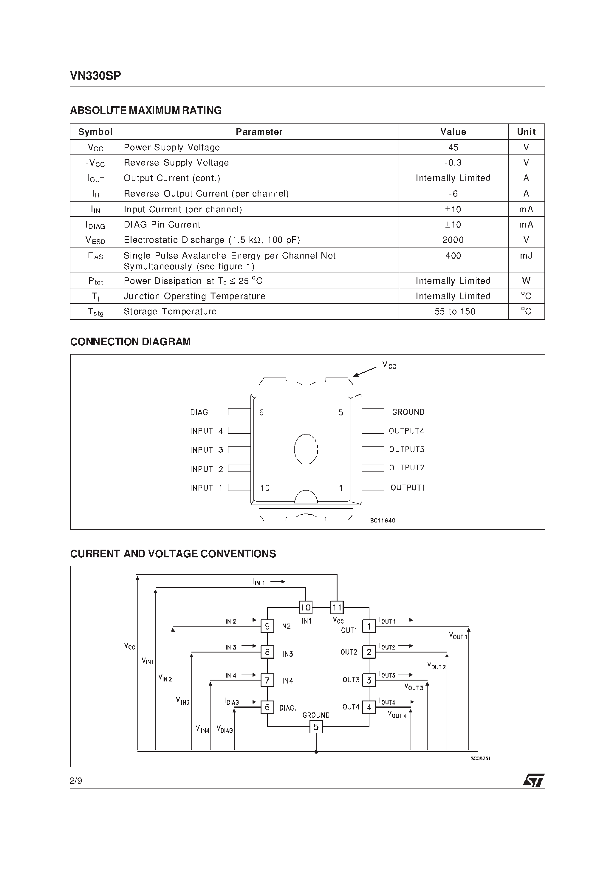 Даташит VN330SP - QUAD HIGH SIDE SMART POWER SOLID STATE RELAY страница 2