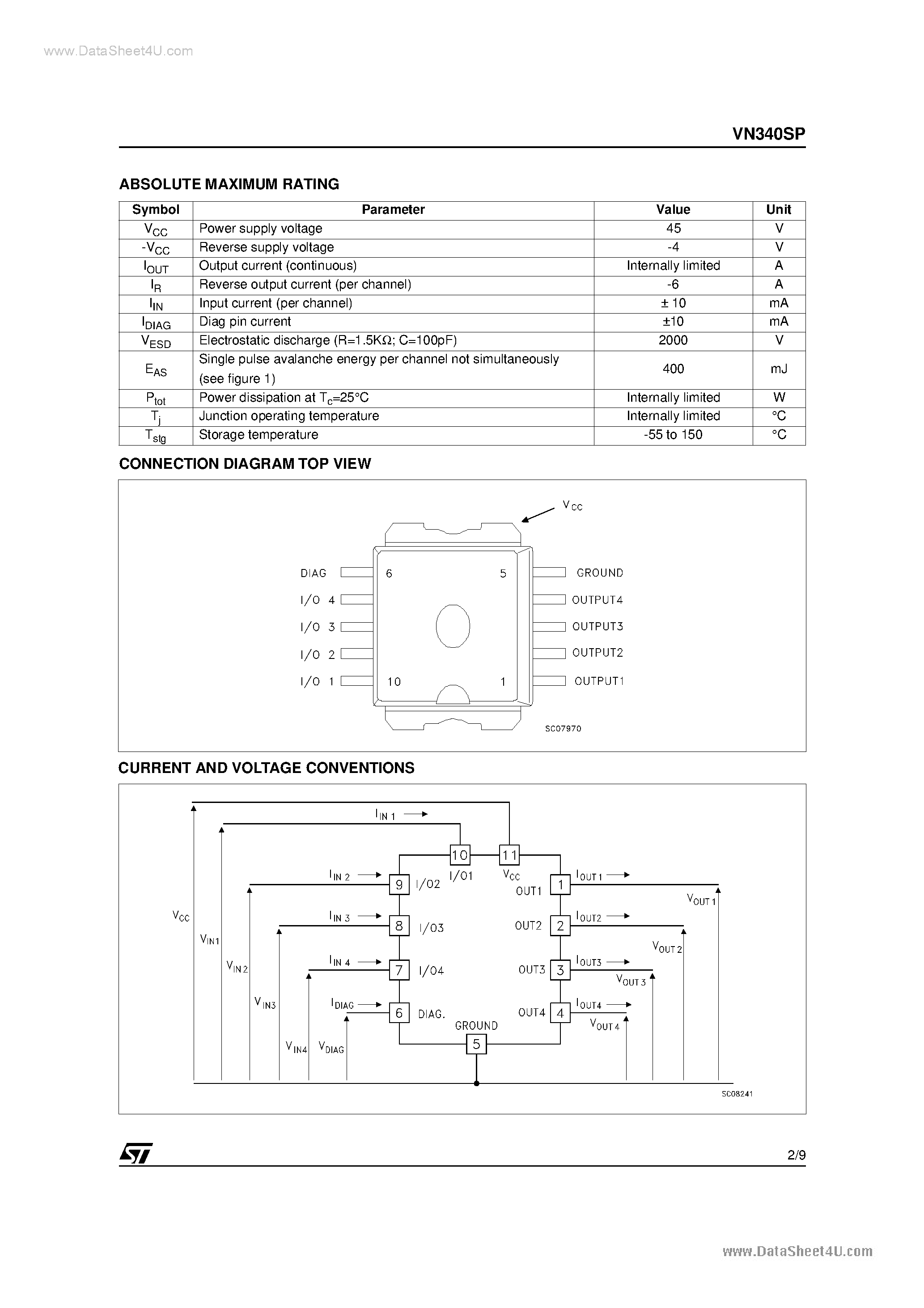 Даташит VN340SP - QUAD HIGH SIDE SMART POWER SOLID STATE RELAY страница 2