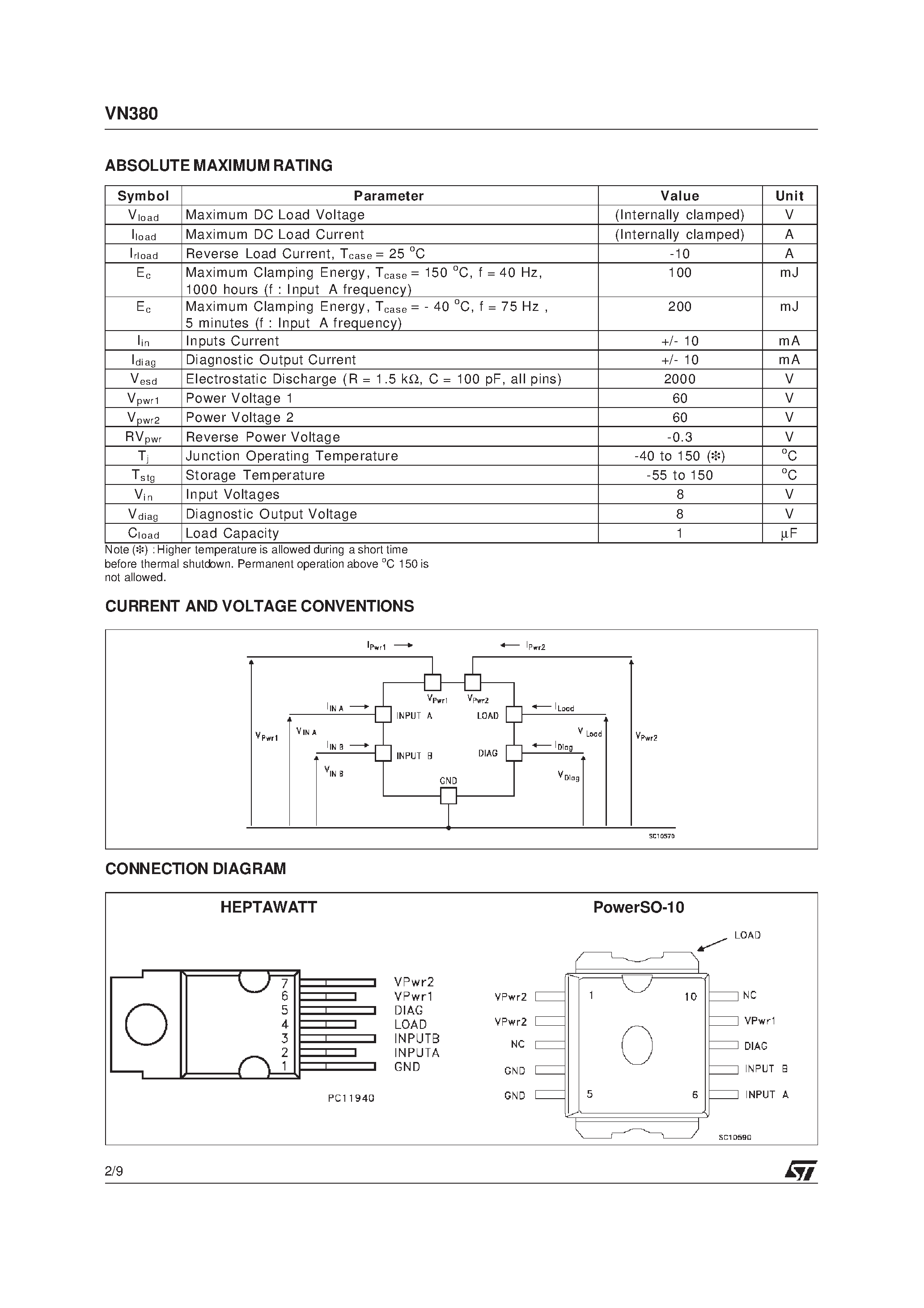 Даташит VN380SP - SMART SOLENOID DRIVER SOLID STATE RELAY страница 2