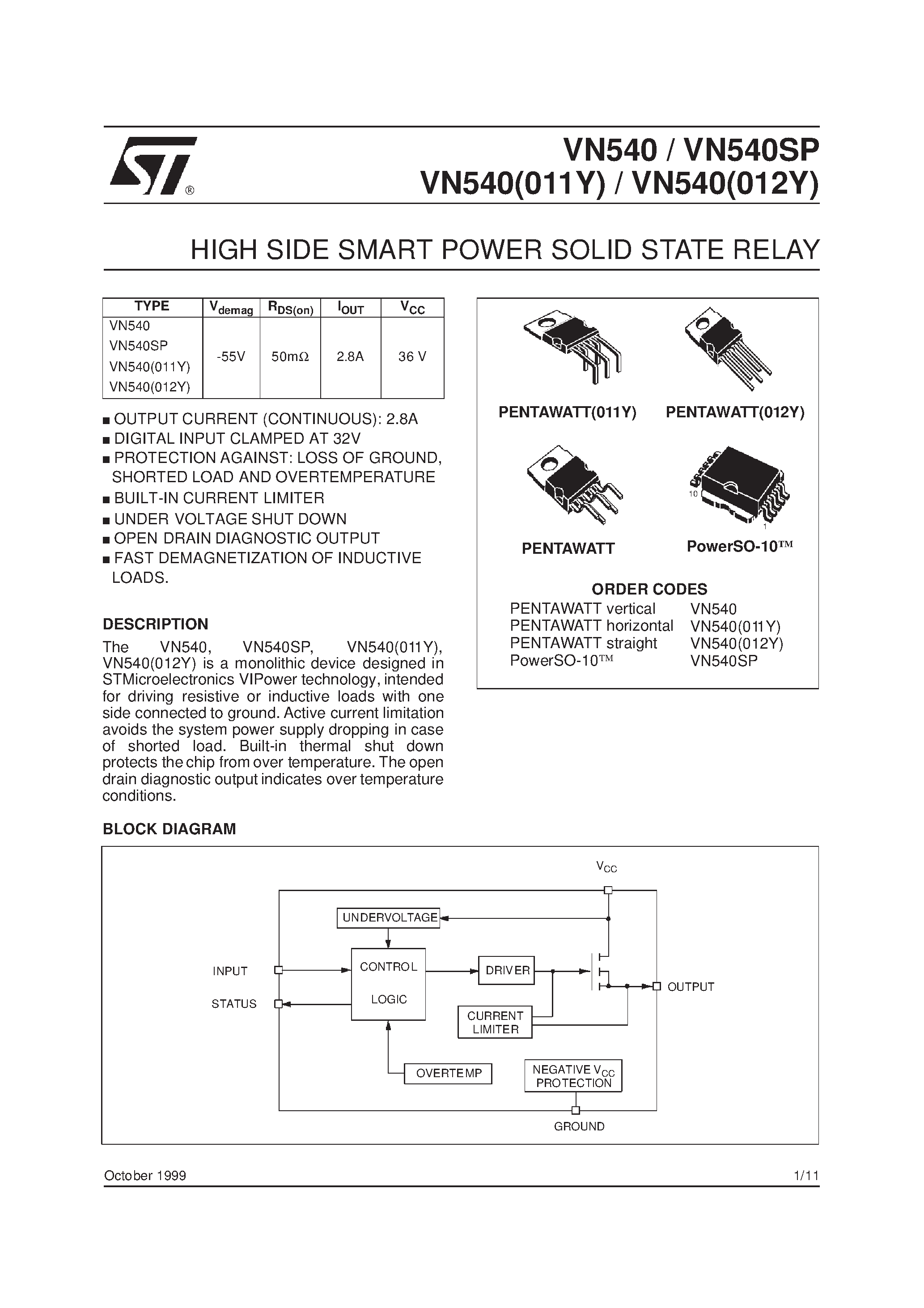 Даташит VN540 - HIGH SIDE SMART POWER SOLID STATE RELAY страница 1